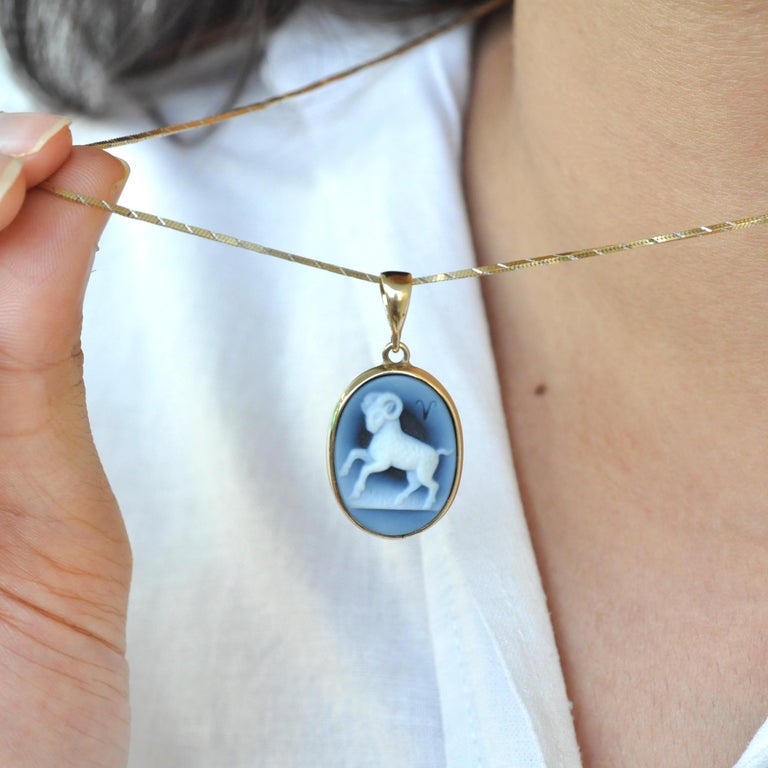Hand-Carved Aries Zodiac Agate Cameo 925 Sterling Silver Pendant ...