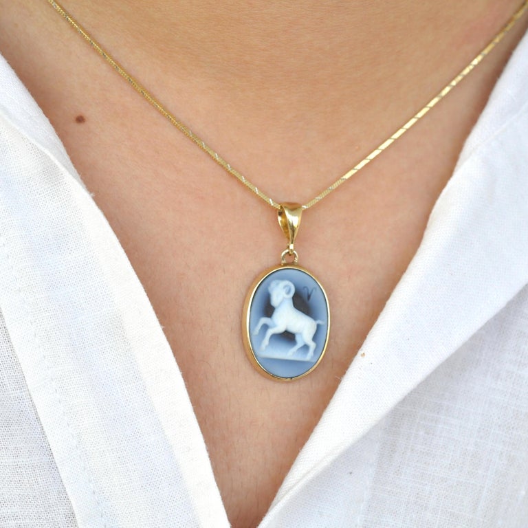 Hand-Carved Aries Zodiac Agate Cameo 925 Sterling Silver Pendant ...