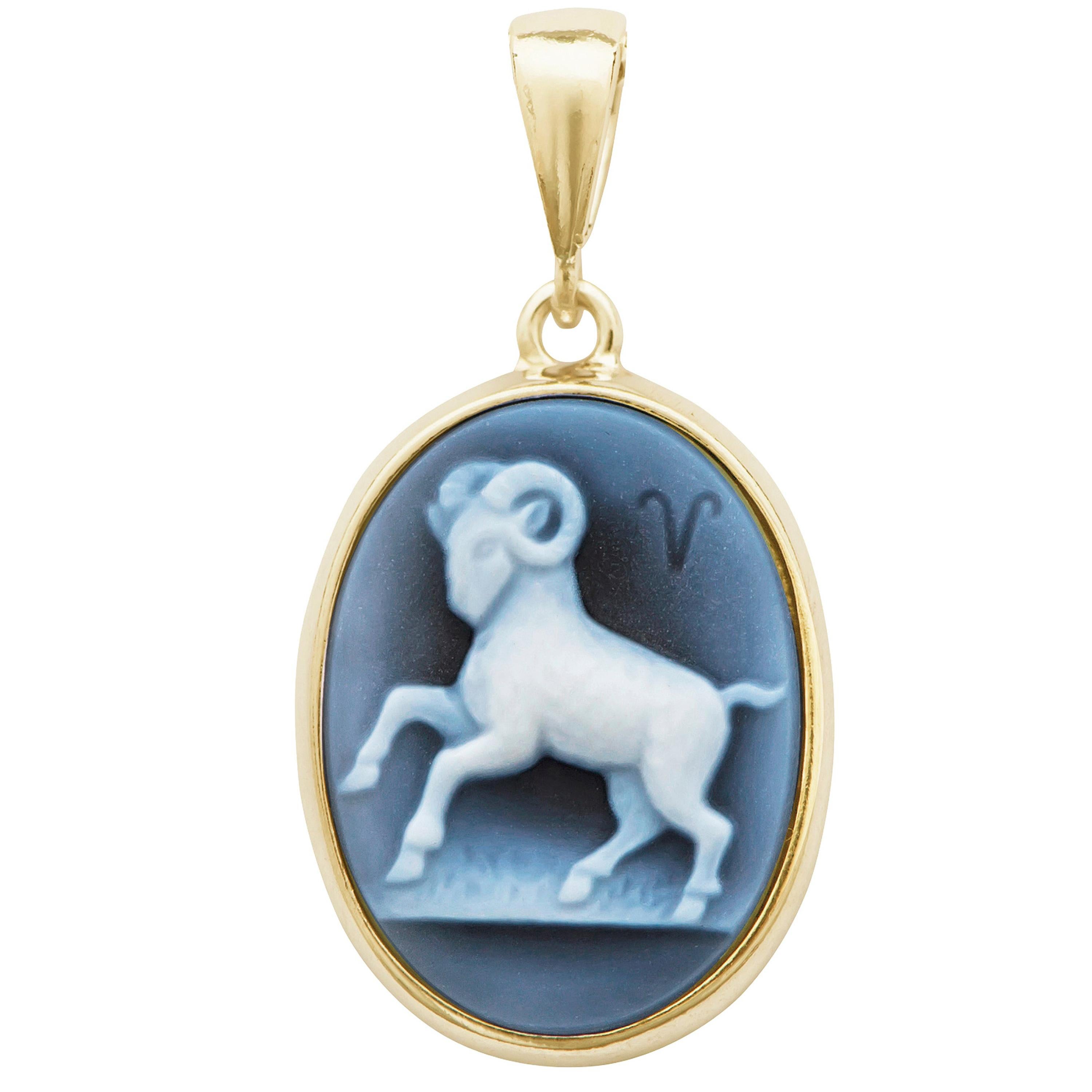 Hand-Carved Aries Zodiac Agate Cameo 925 Sterling Silver Pendant Necklace