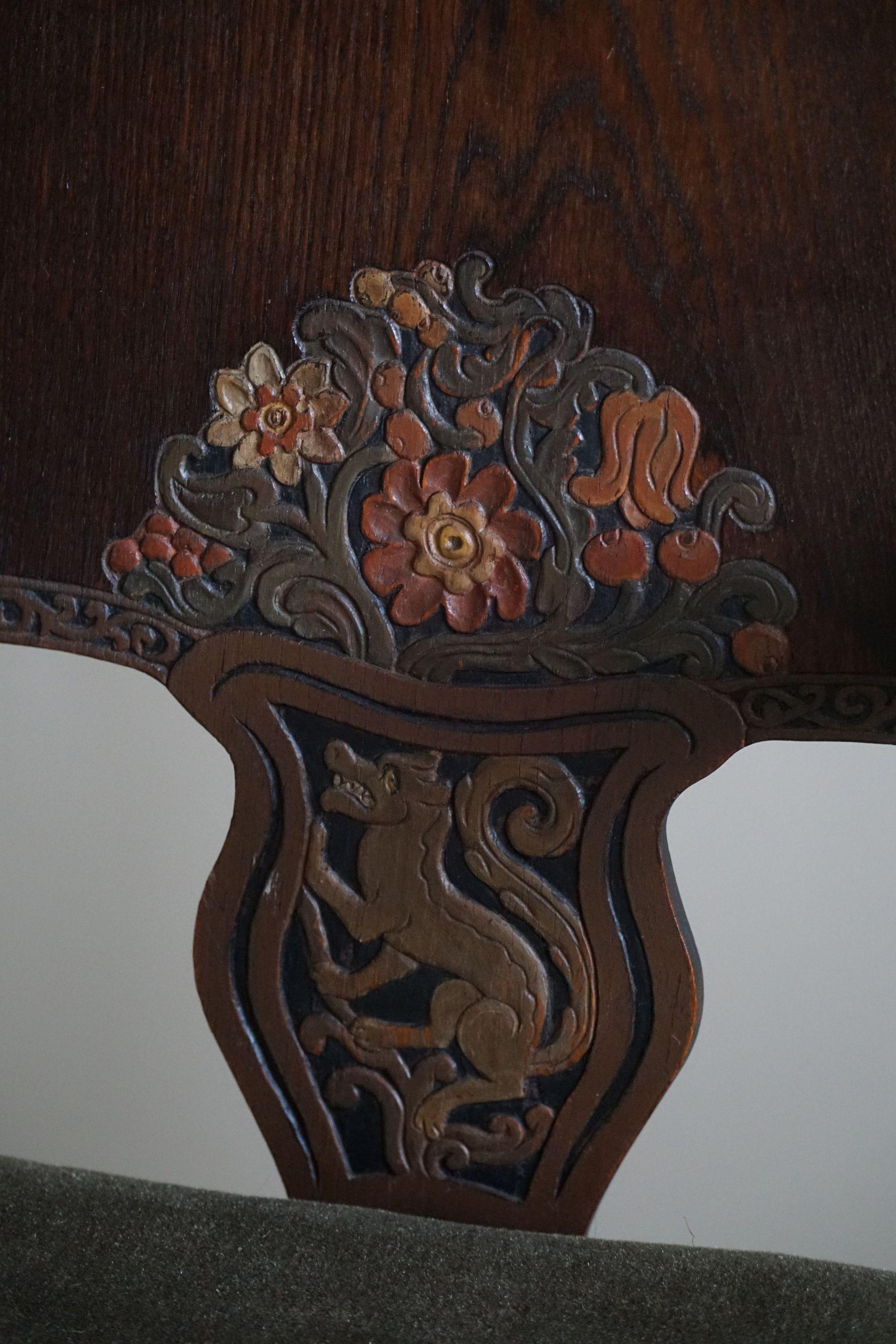 Hand Carved Armchair in Oak & Velvet, Danish Cabinetmaker, Jugendstil, 1939 For Sale 9