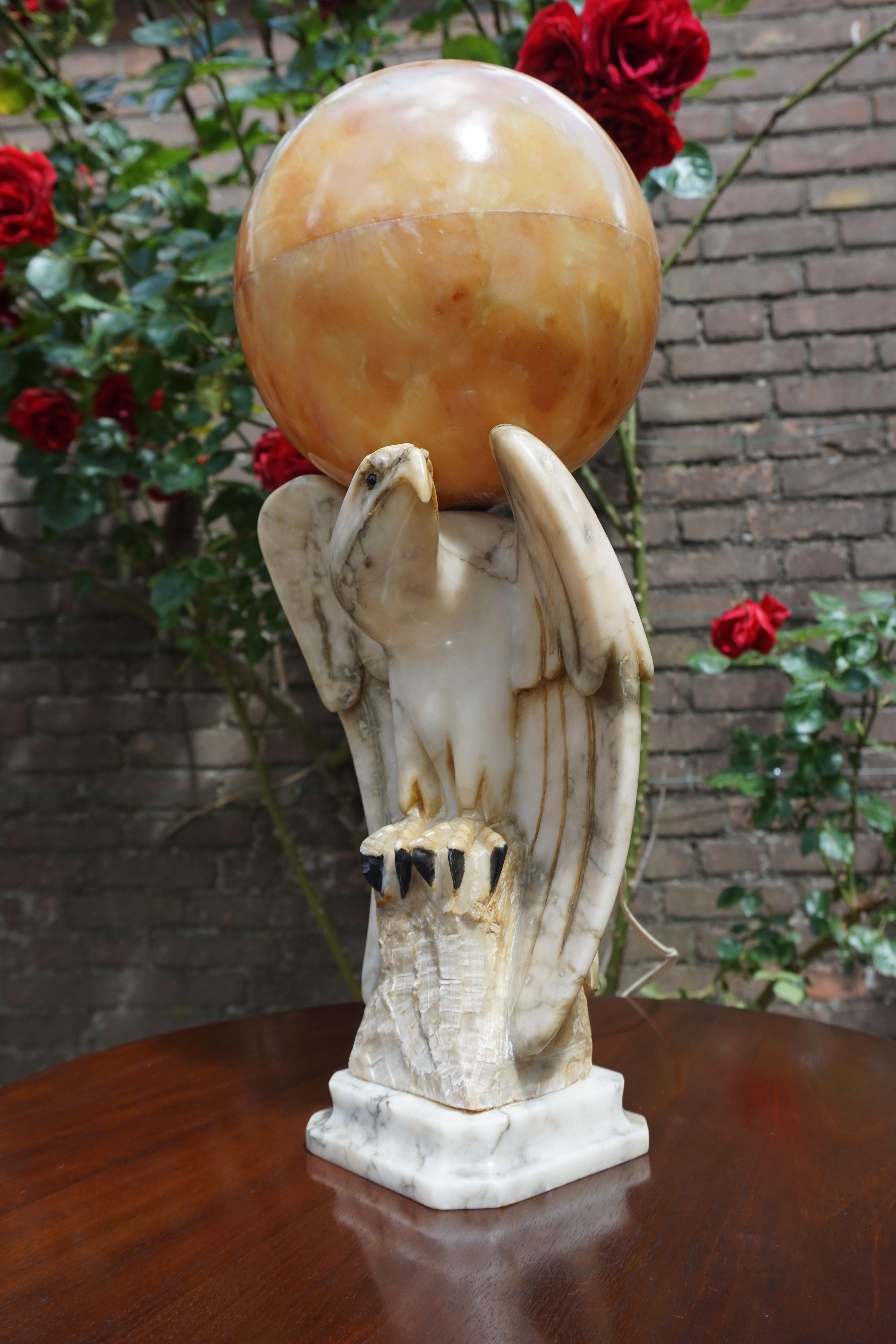 Hand Carved Art Deco Era Marble Eagle & Alabaster Globe Shade Table Lamp, 1920s 1