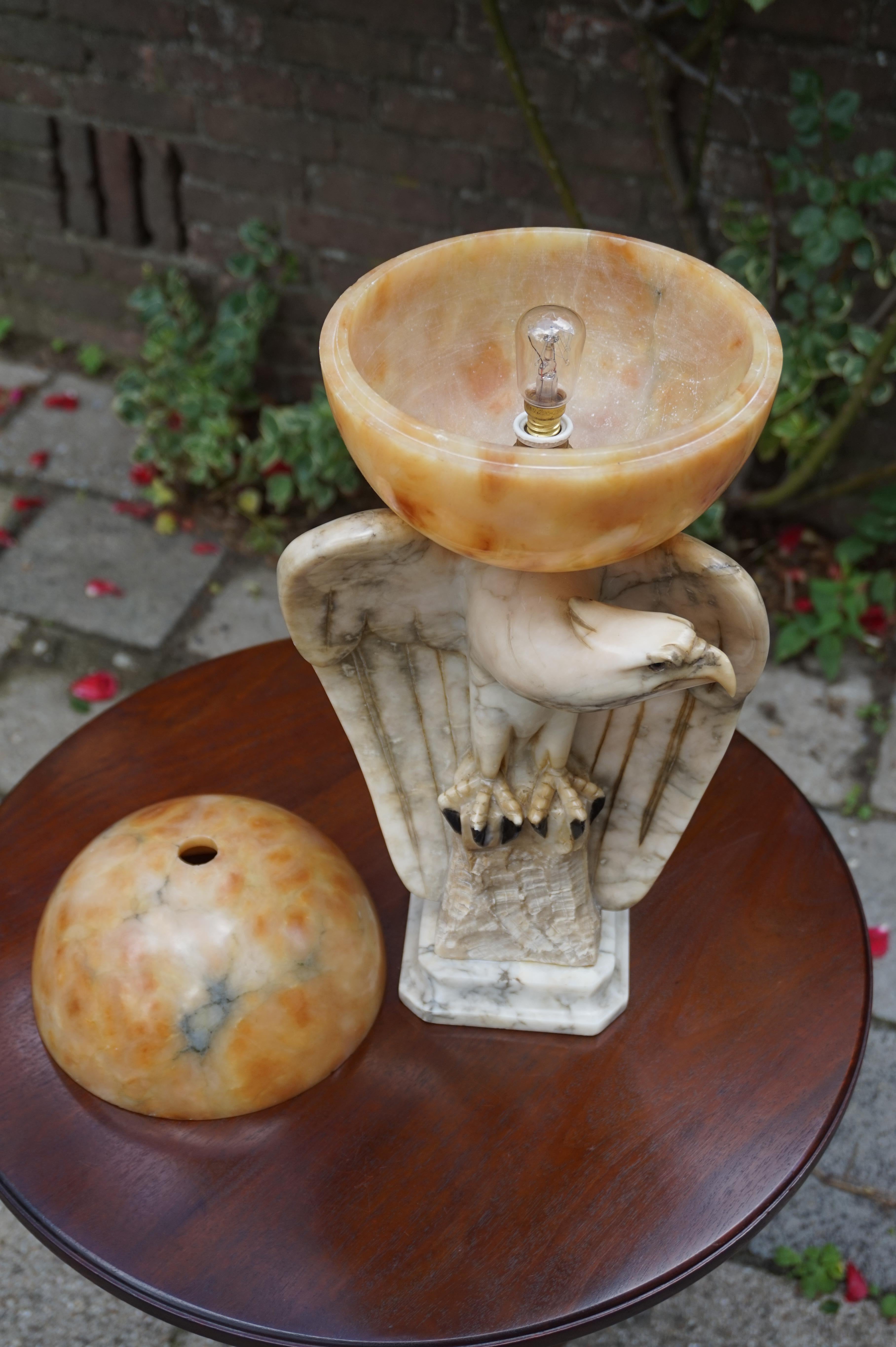 Hand Carved Art Deco Era Marble Eagle & Alabaster Globe Shade Table Lamp, 1920s 2
