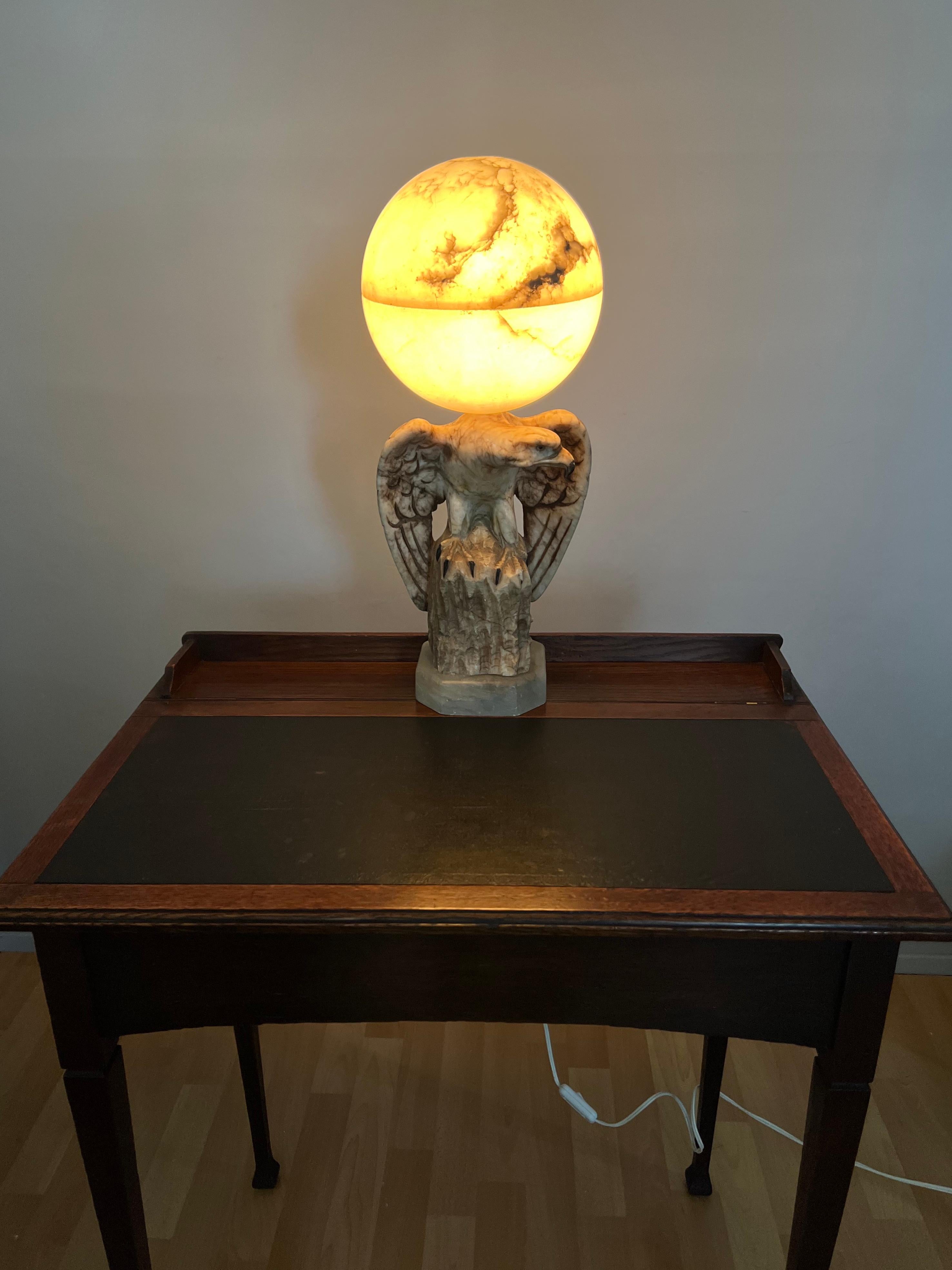 Hand Carved Art Deco Era Marble Eagle & Alabaster Globe Shade Table Lamp, 1920s For Sale 2