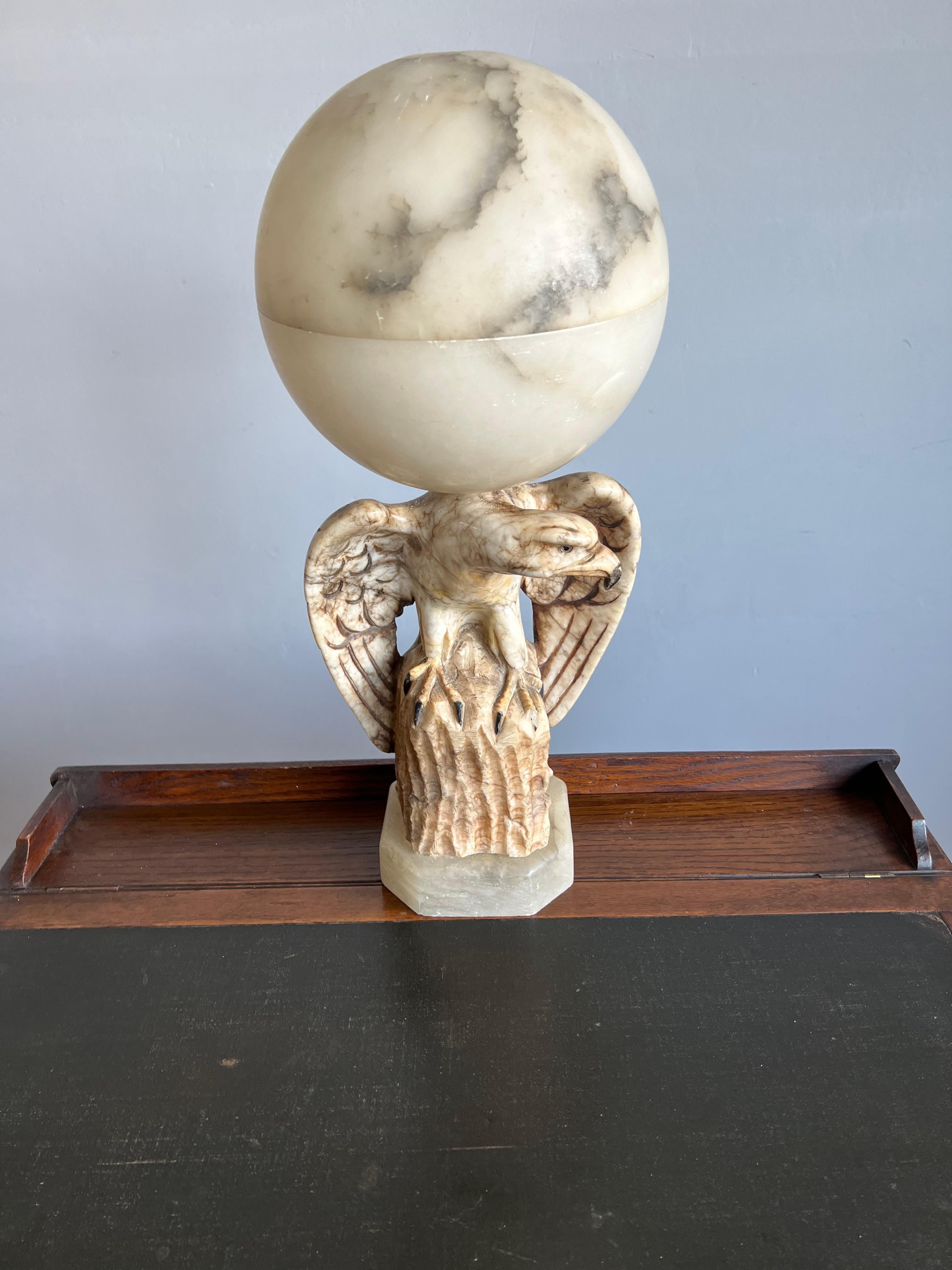 Hand Carved Art Deco Era Marble Eagle & Alabaster Globe Shade Table Lamp, 1920s For Sale 5