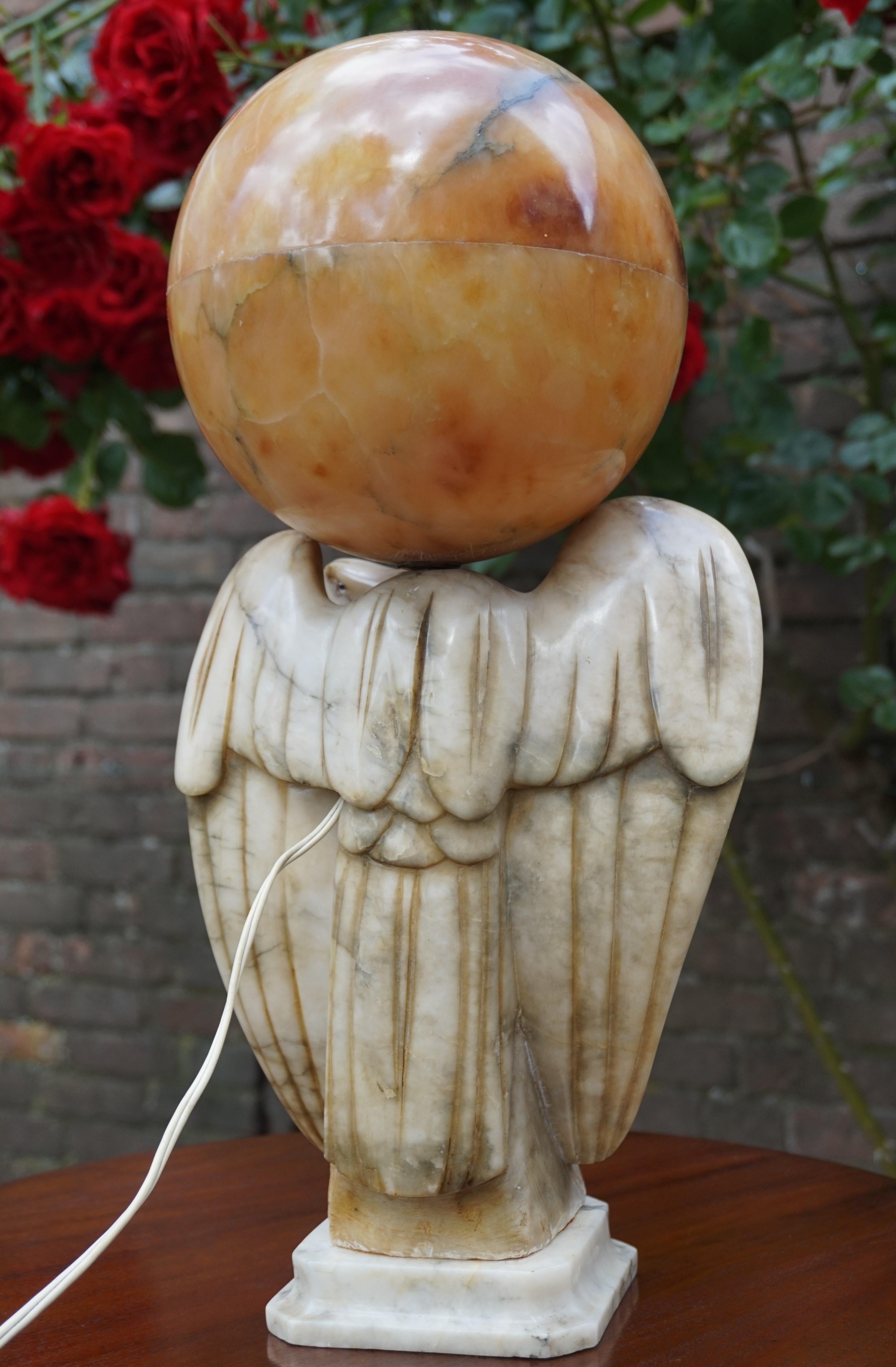 Hand Carved Art Deco Era Marble Eagle & Alabaster Globe Shade Table Lamp, 1920s 6