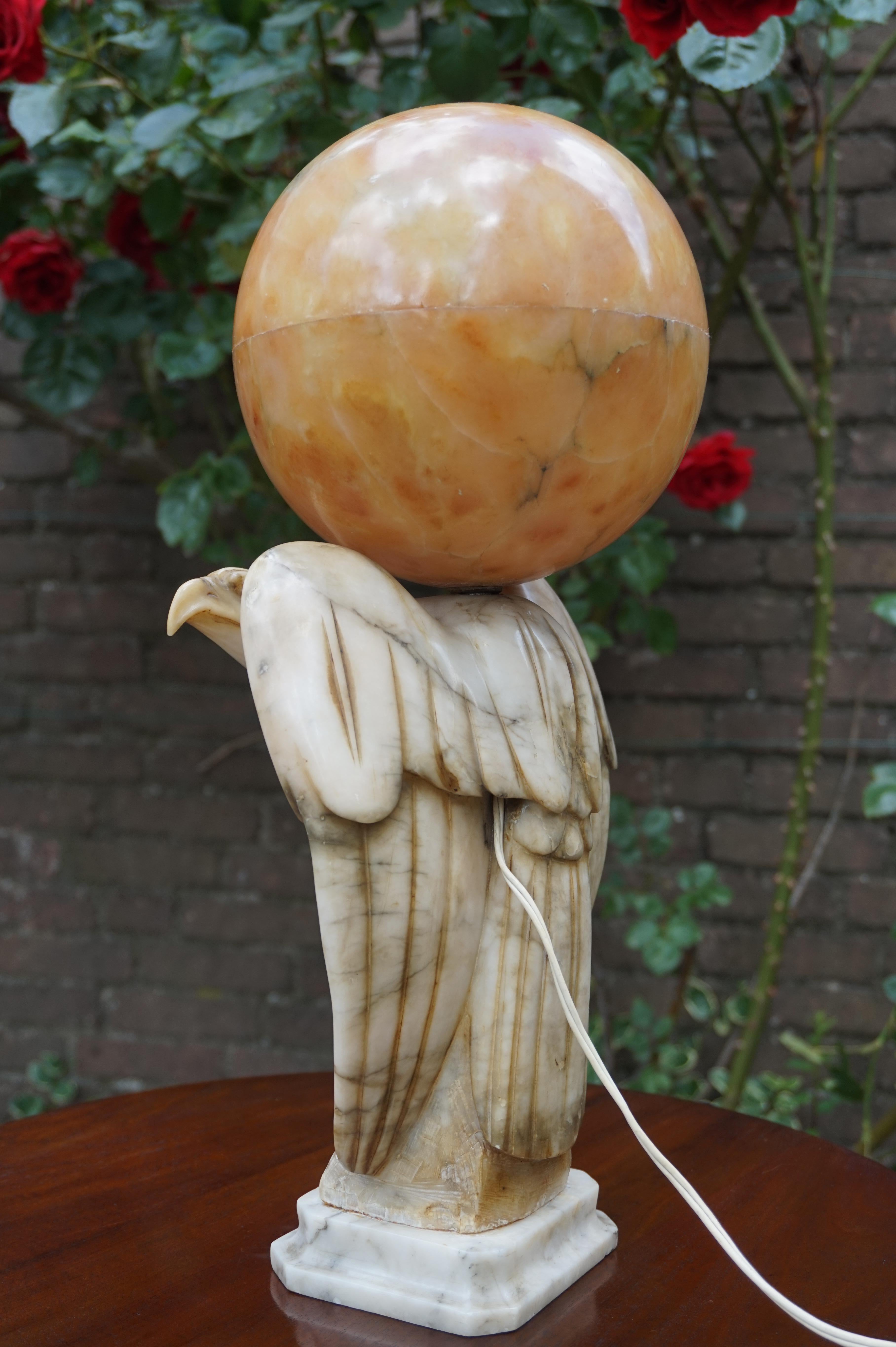 Hand Carved Art Deco Era Marble Eagle & Alabaster Globe Shade Table Lamp, 1920s 7