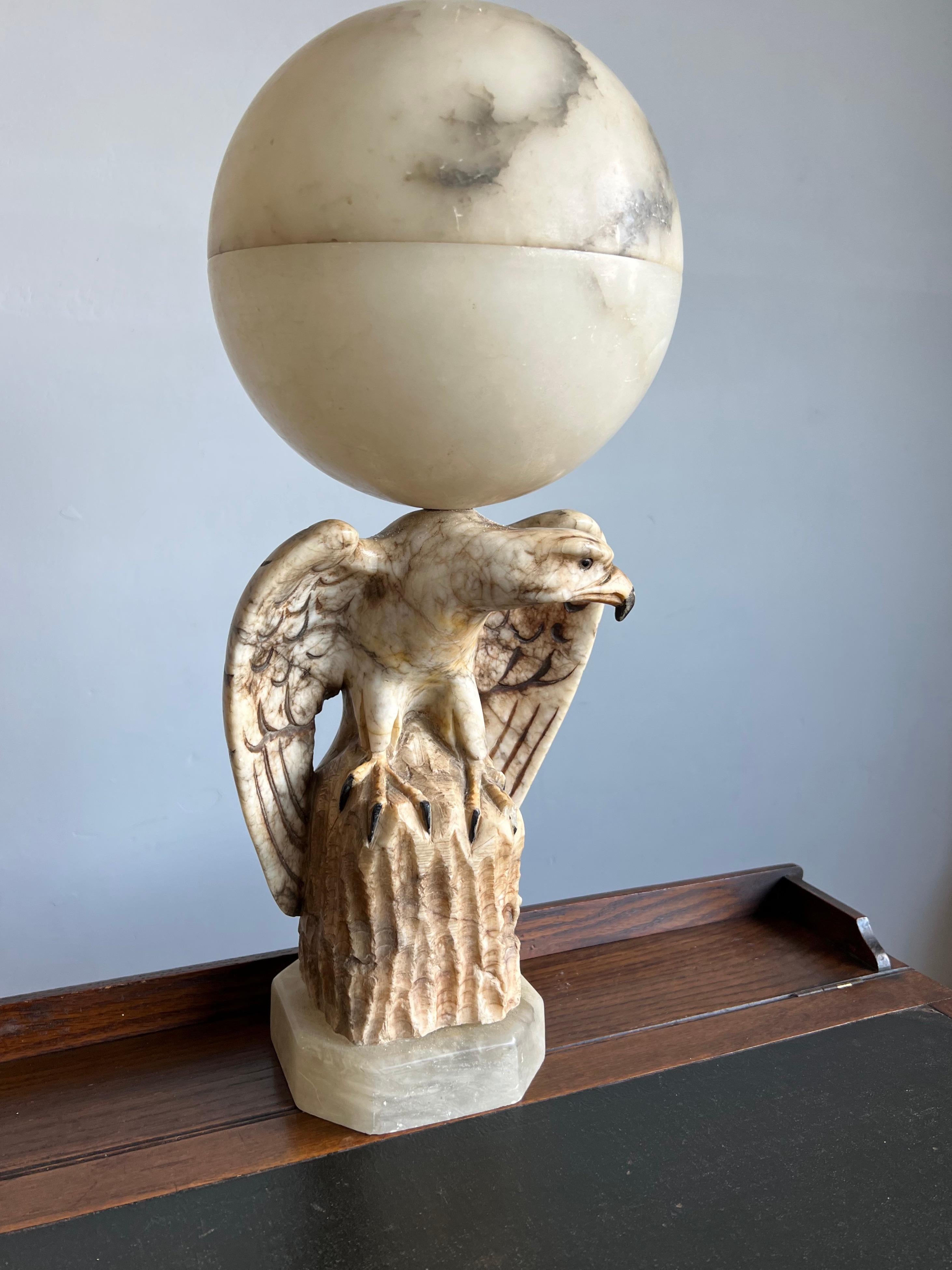 Hand Carved Art Deco Era Marble Eagle & Alabaster Globe Shade Table Lamp, 1920s For Sale 7