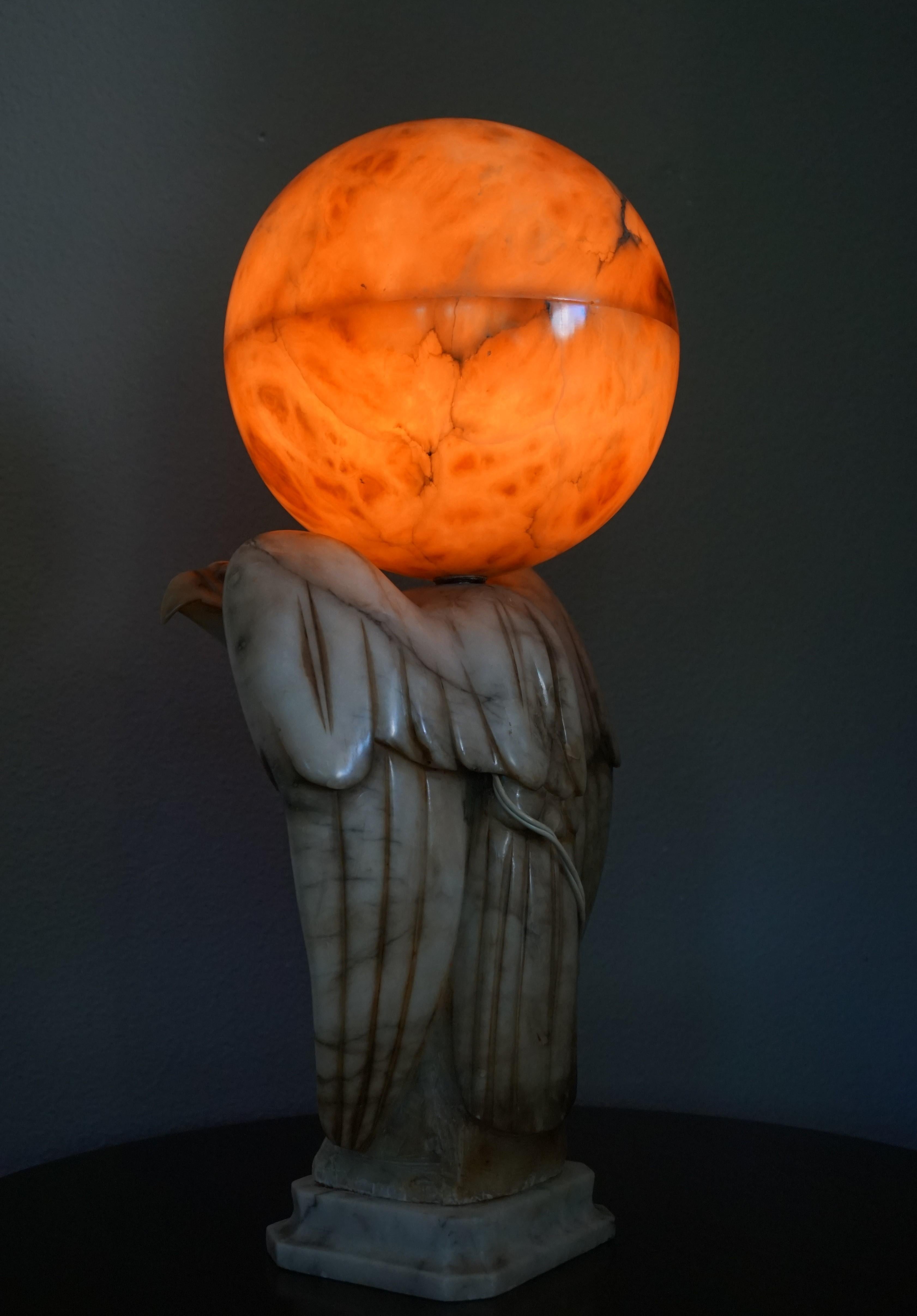 Hand Carved Art Deco Era Marble Eagle & Alabaster Globe Shade Table Lamp, 1920s 8