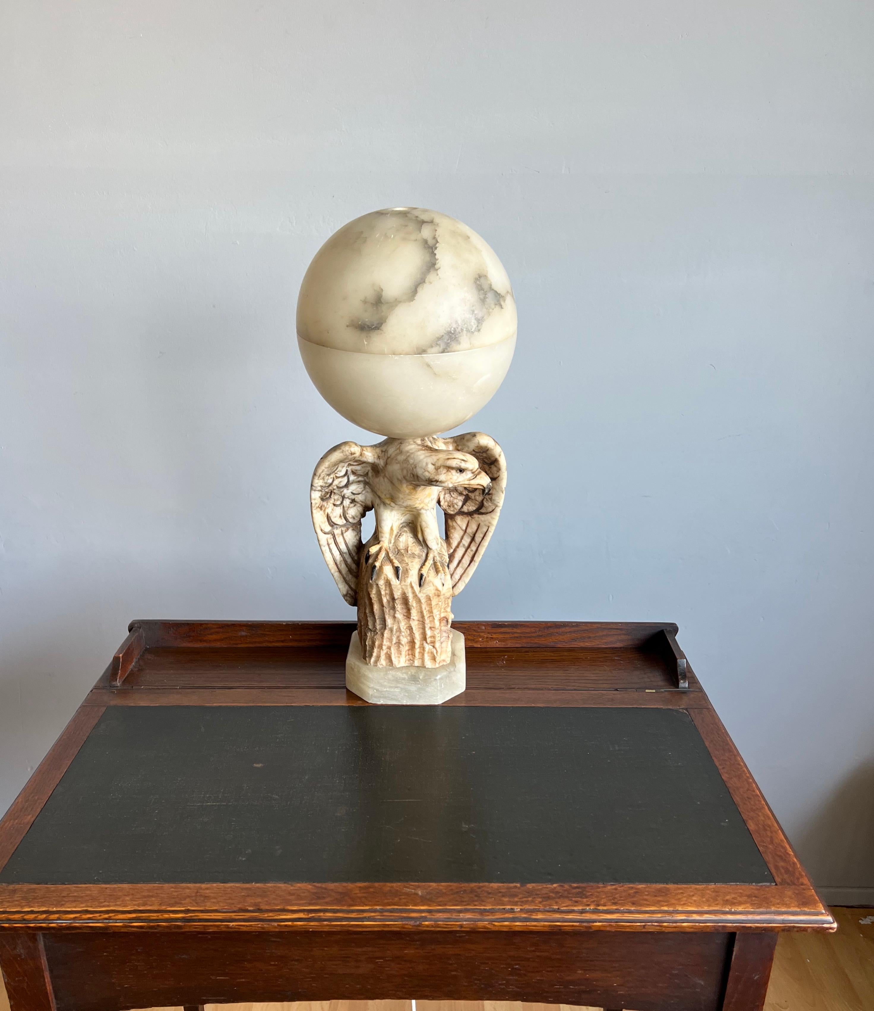 Hand Carved Art Deco Era Marble Eagle & Alabaster Globe Shade Table Lamp, 1920s For Sale 8