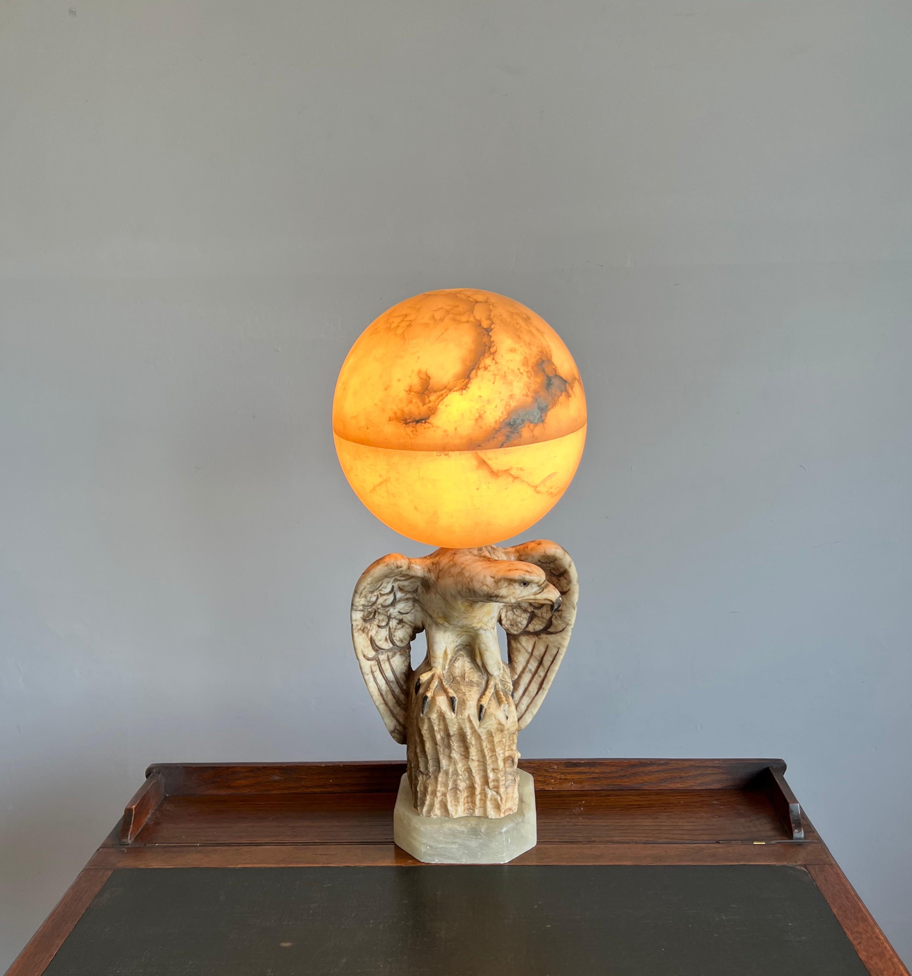 Hand Carved Art Deco Era Marble Eagle & Alabaster Globe Shade Table Lamp, 1920s For Sale 10