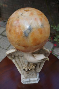 Hand Carved Art Deco Era Marble Eagle & Alabaster Globe Shade Table Lamp, 1920s