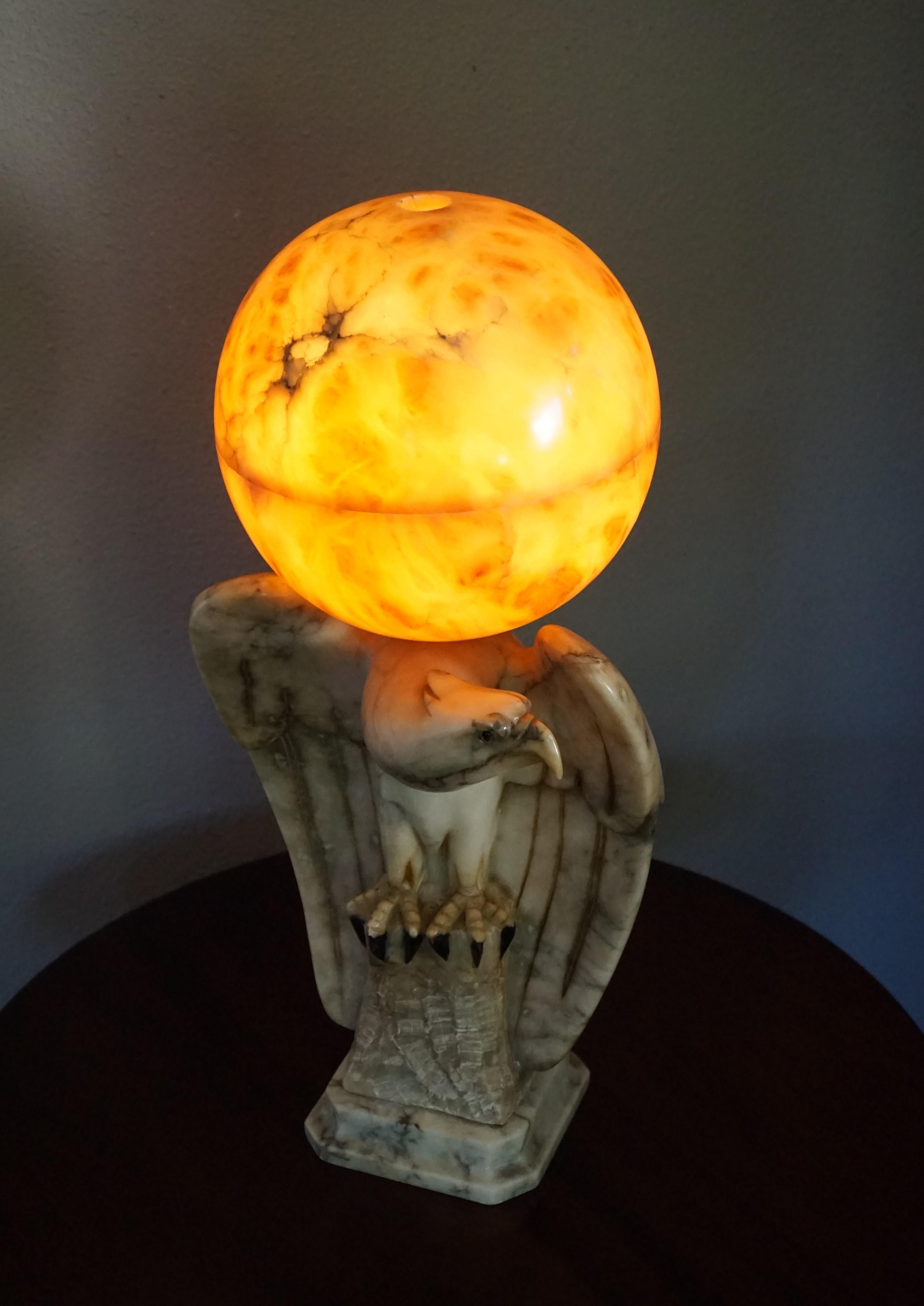 Hand Carved Art Deco Era Marble Eagle & Alabaster Globe Shade Table Lamp, 1920s 11