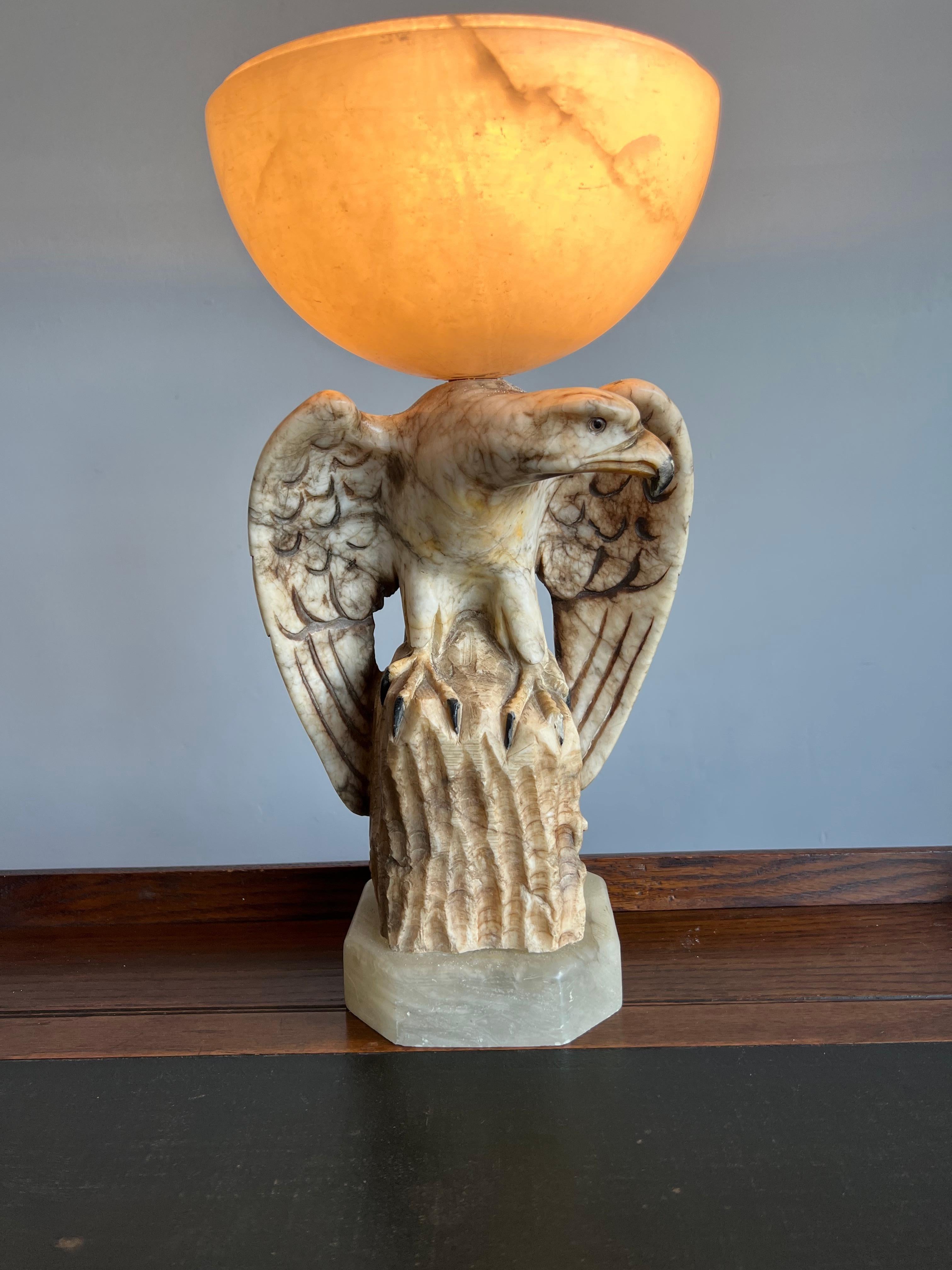 European Hand Carved Art Deco Era Marble Eagle & Alabaster Globe Shade Table Lamp, 1920s For Sale