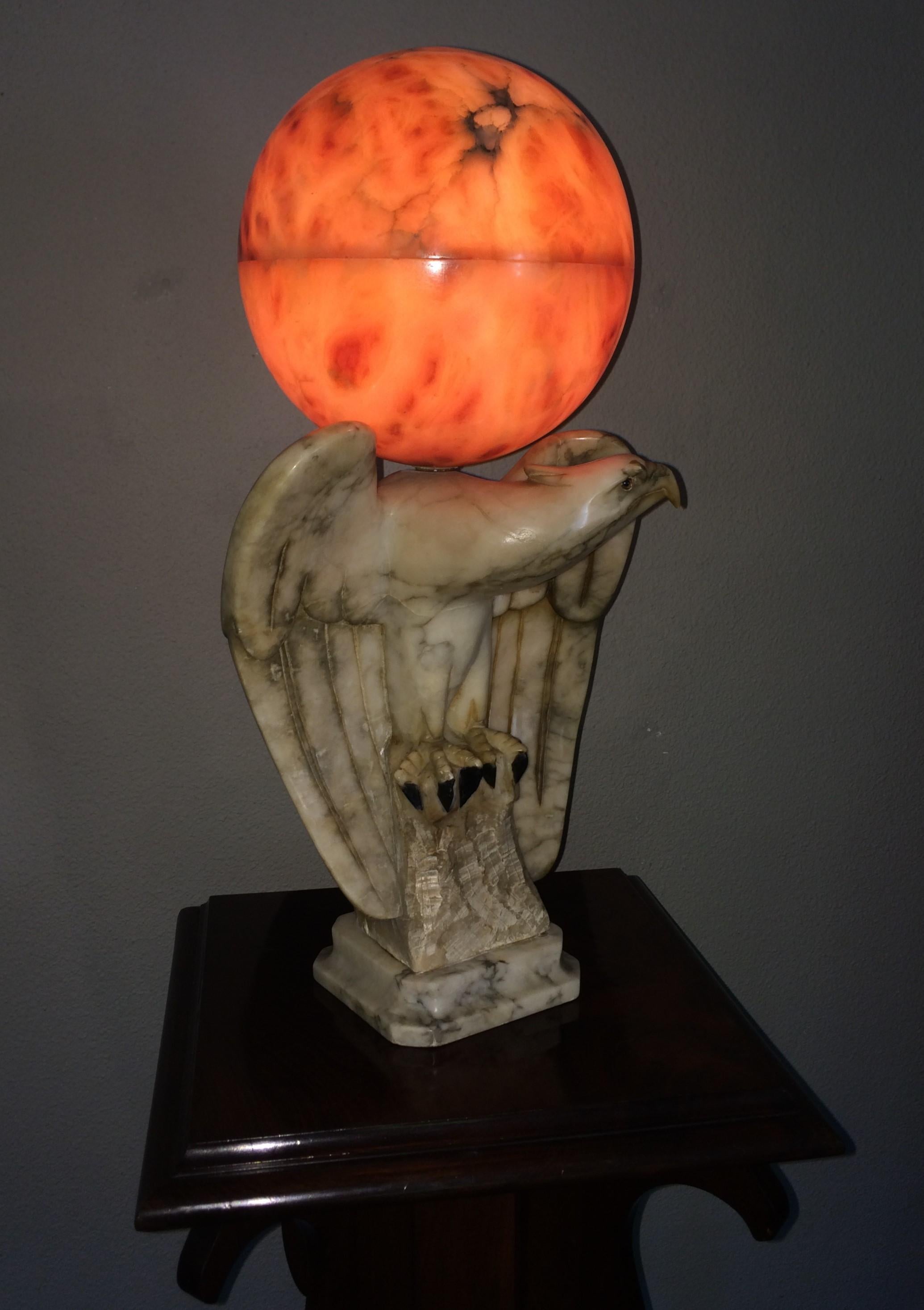 20th Century Hand Carved Art Deco Era Marble Eagle & Alabaster Globe Shade Table Lamp, 1920s