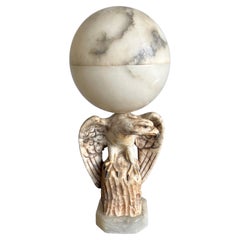 Hand Carved Art Deco Era Marble Eagle & Alabaster Globe Shade Table Lamp, 1920s