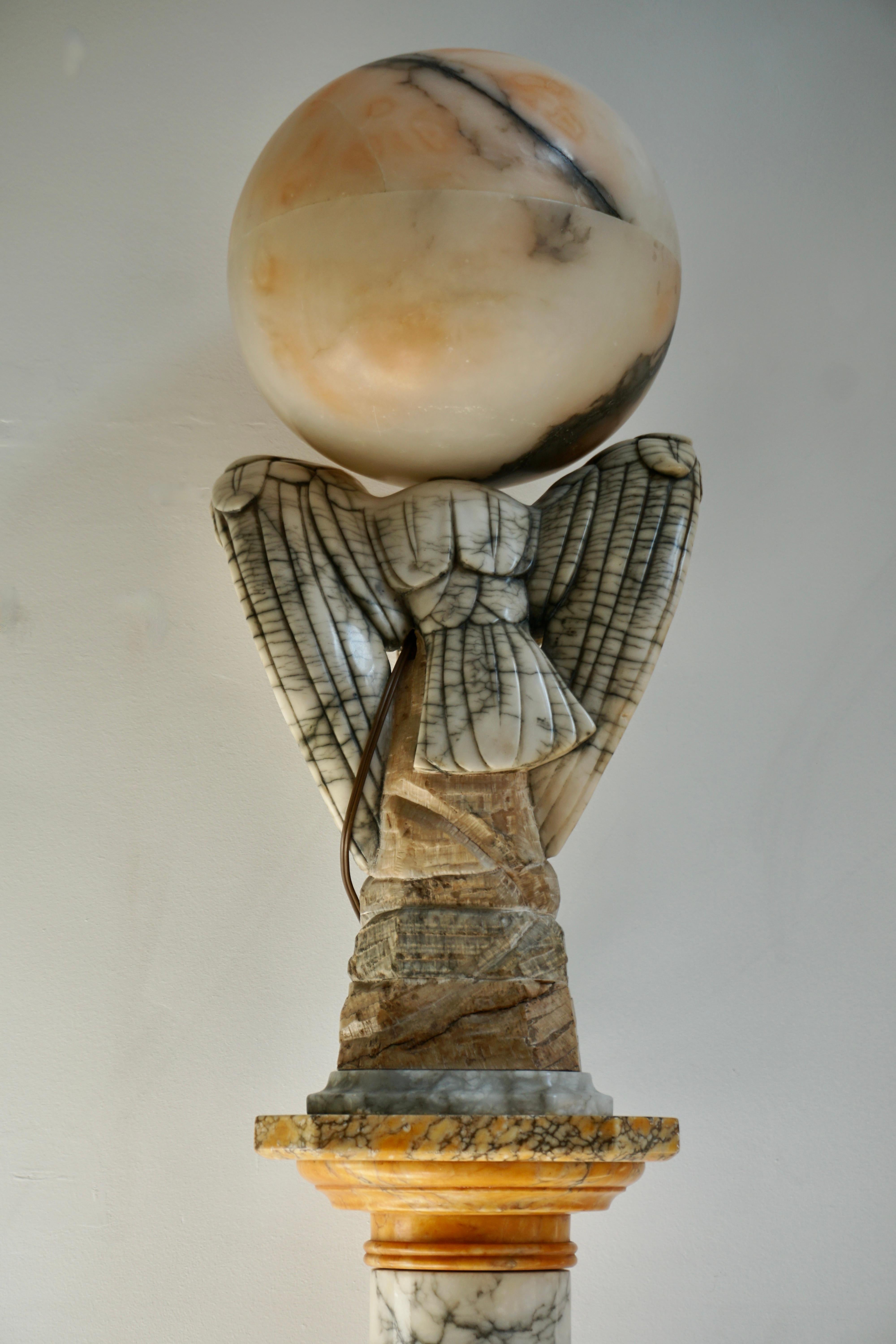 Hand Carved Art Deco Era Marble Eagle & Alabaster Globe Table Lamp on Column For Sale 7