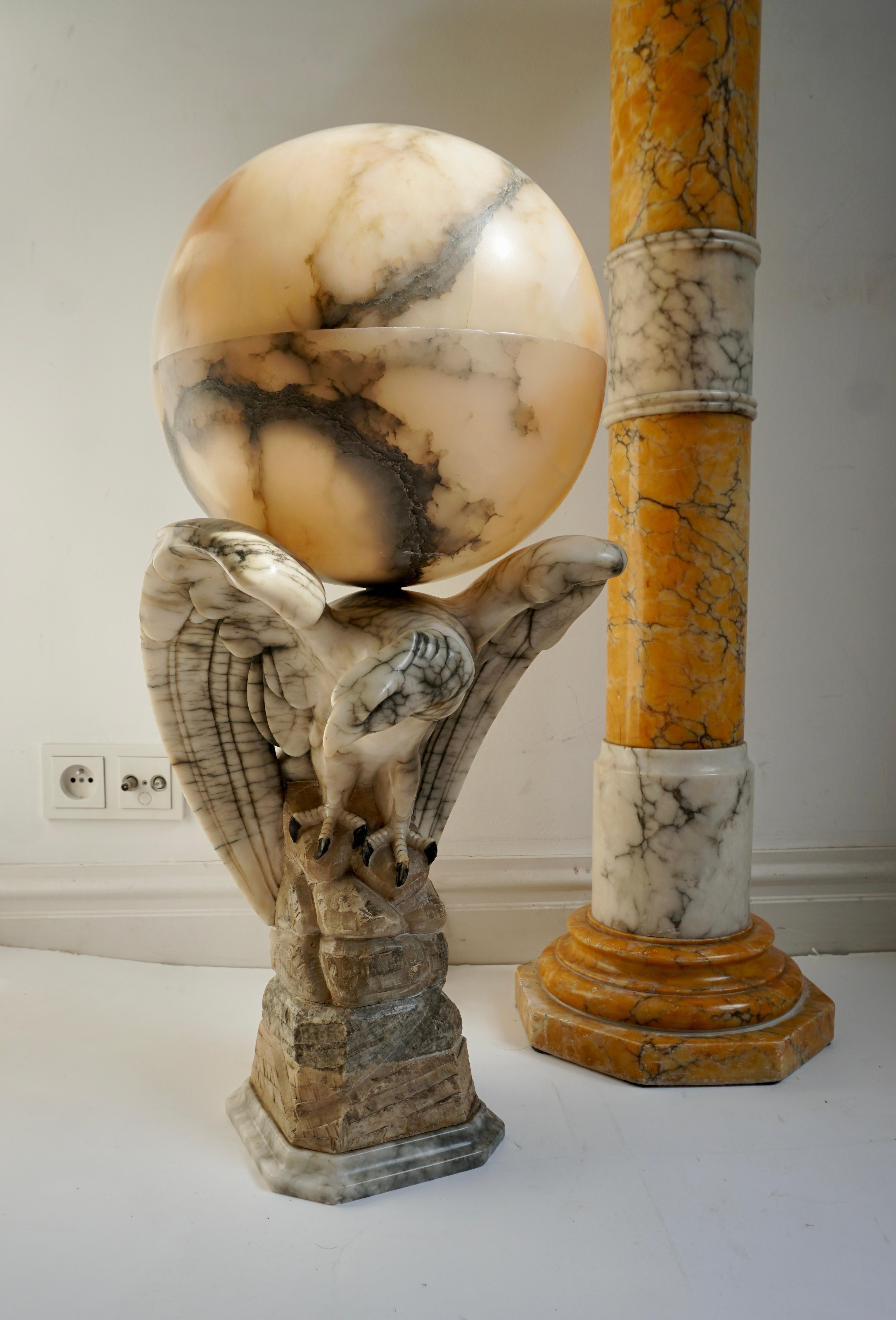 Hand Carved Art Deco Era Marble Eagle & Alabaster Globe Table Lamp on Column For Sale 8
