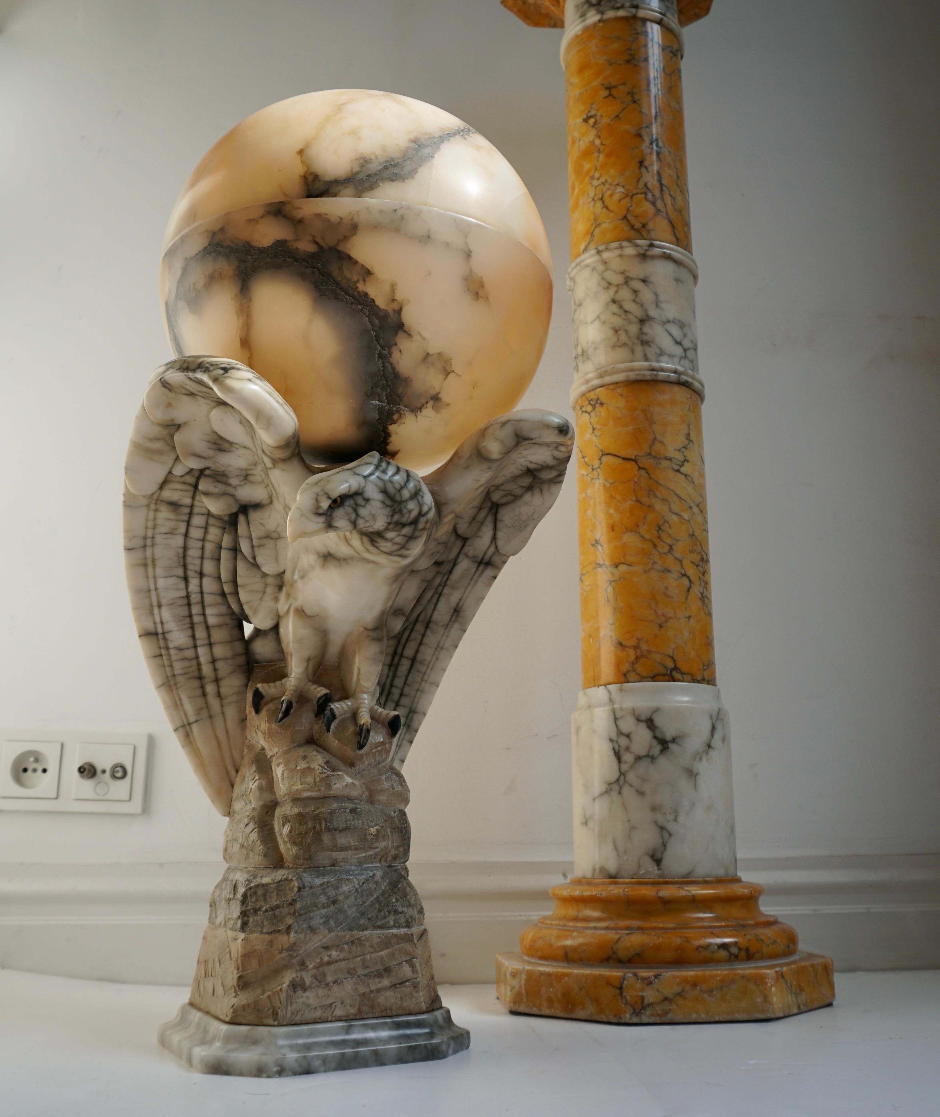 Hand Carved Art Deco Era Marble Eagle & Alabaster Globe Table Lamp on Column For Sale 9
