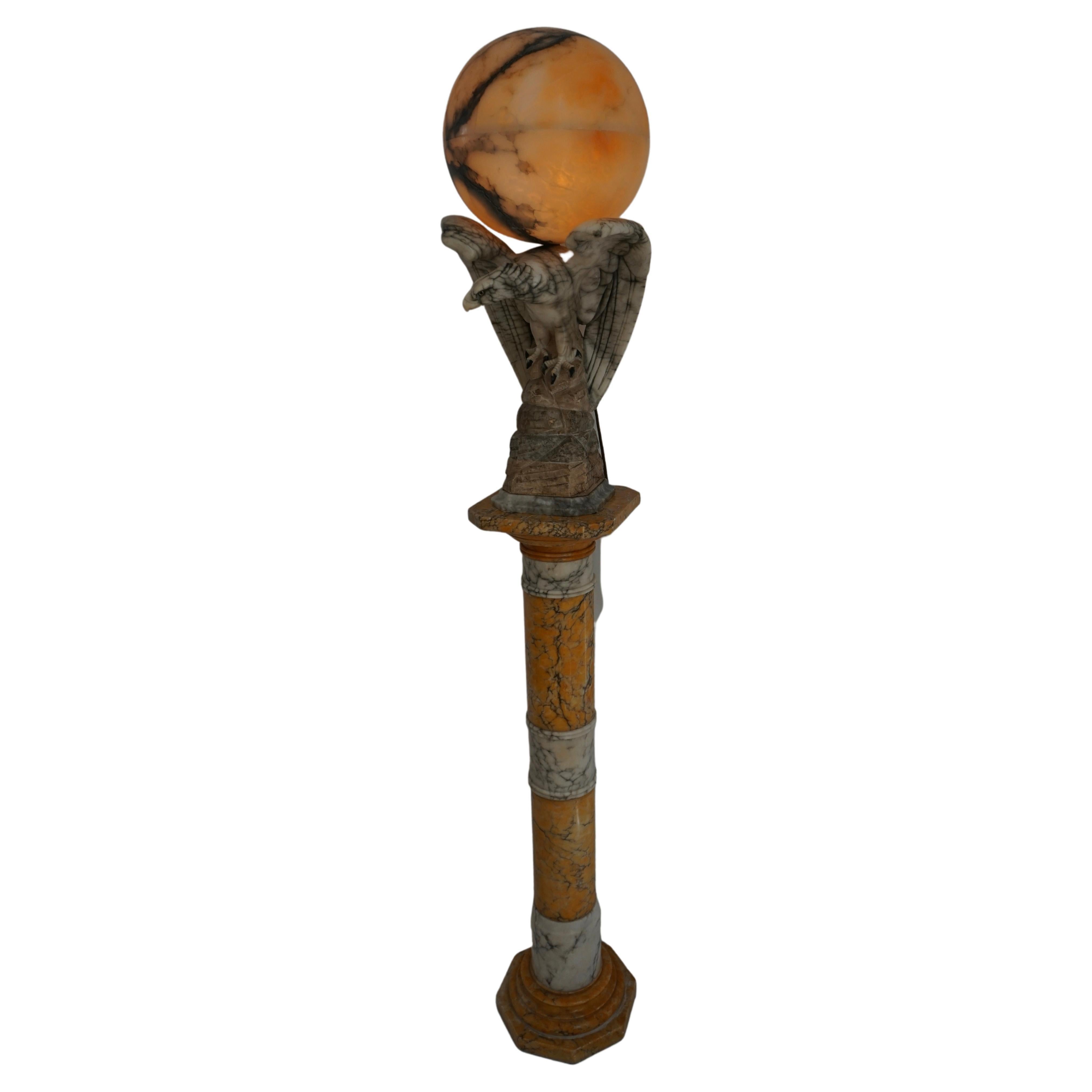 Hand Carved Art Deco Era Marble Eagle & Alabaster Globe Table Lamp on Column For Sale 10