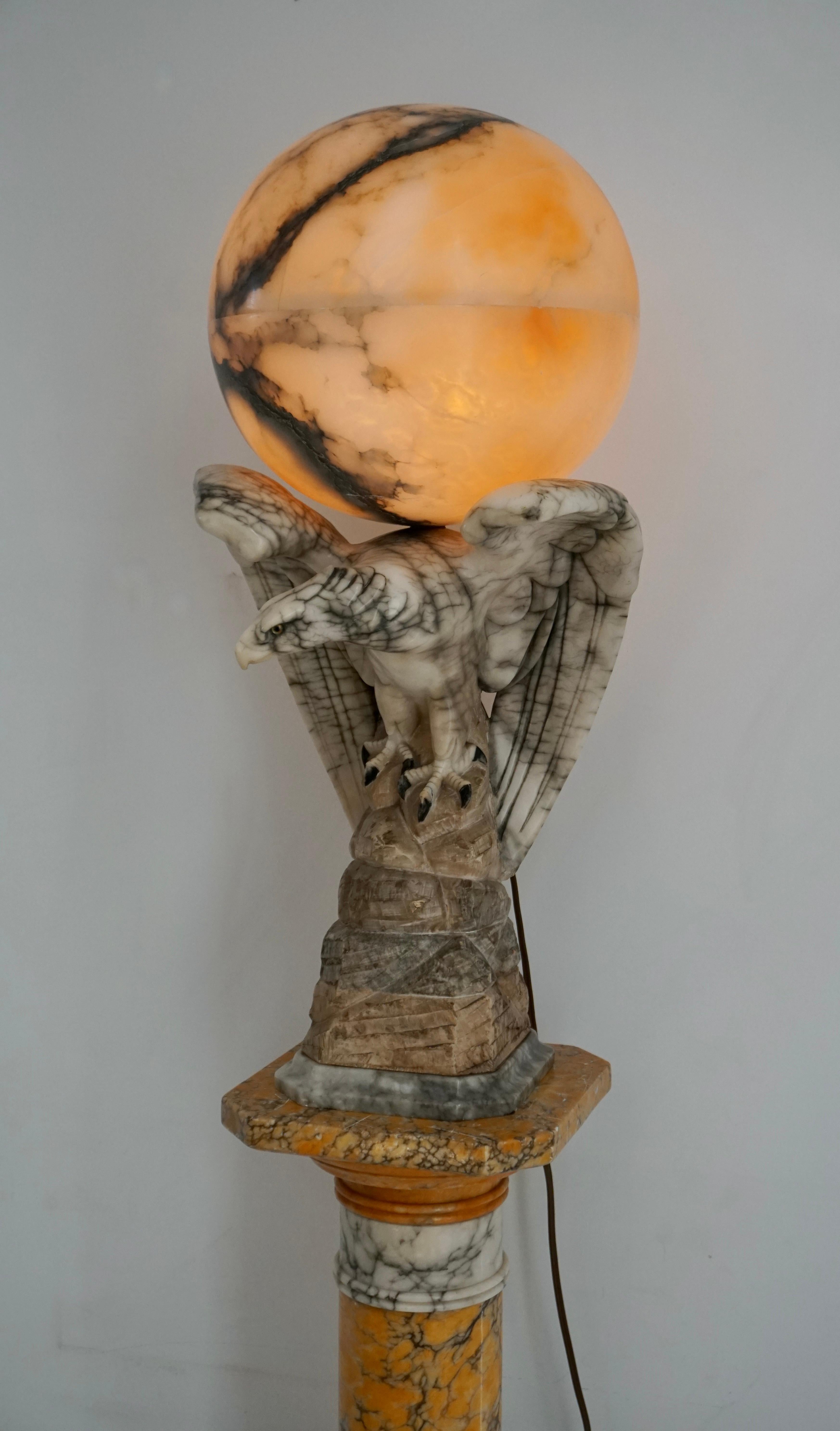 Hand-Carved Hand Carved Art Deco Era Marble Eagle & Alabaster Globe Table Lamp on Column For Sale