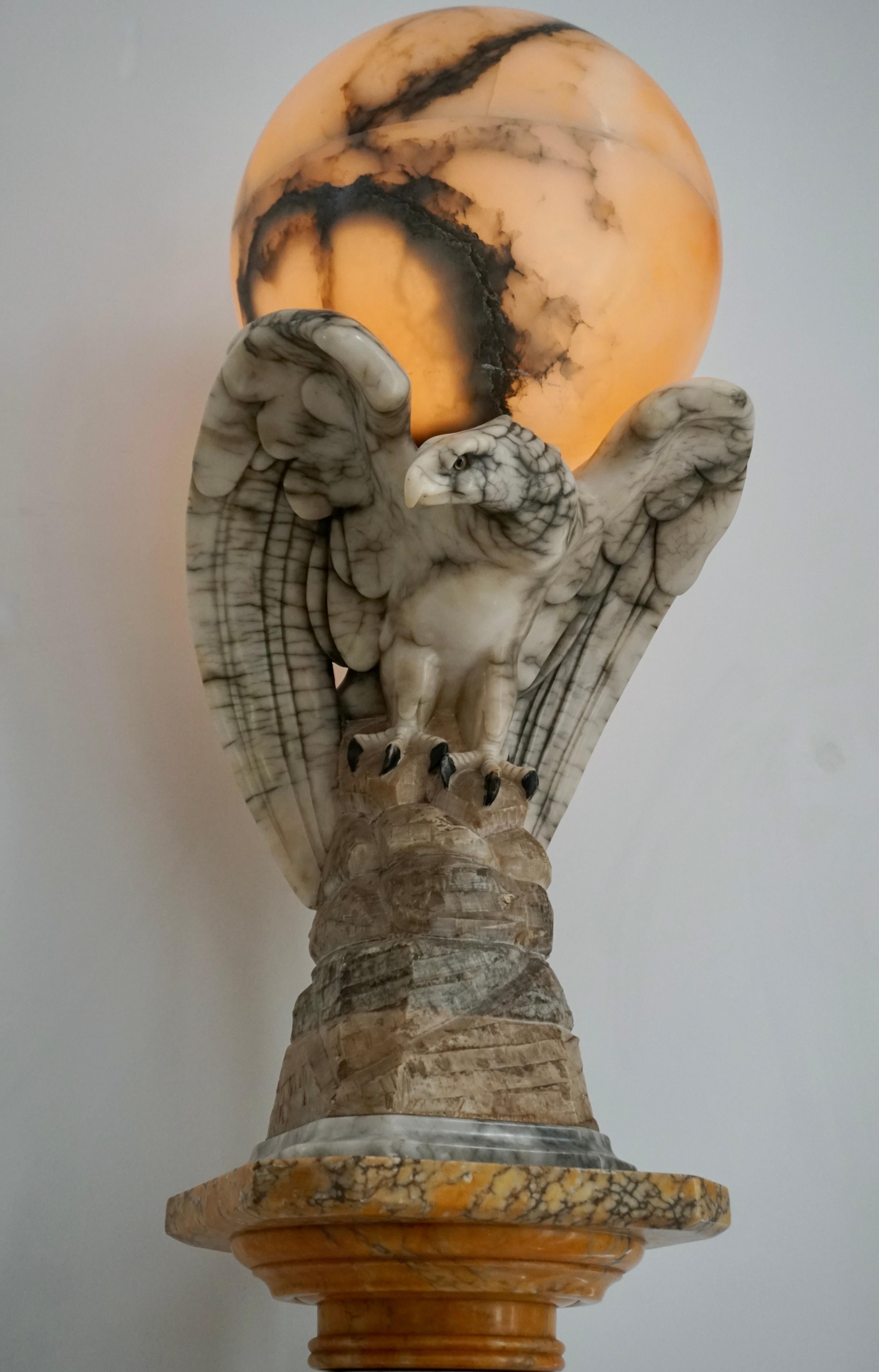 Early 20th Century Hand Carved Art Deco Era Marble Eagle & Alabaster Globe Table Lamp on Column For Sale