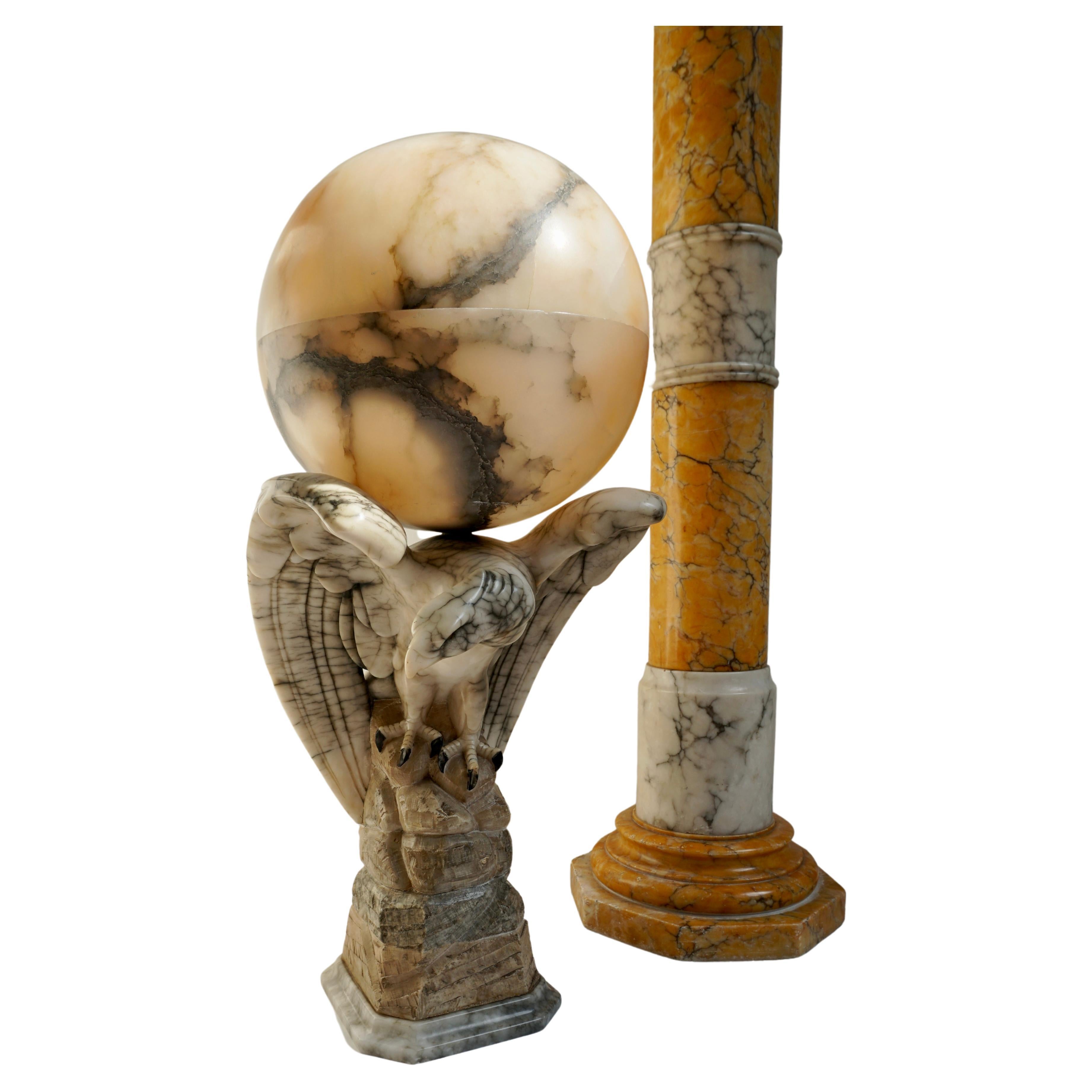 Highly decorative and quality carved, winged eagle table lamp on a column.

All handcrafted out of natural materials, this rare eagle table lamp is a marvelous work of art in the daytime and a stunning and spherical light fixture in the evenings.The