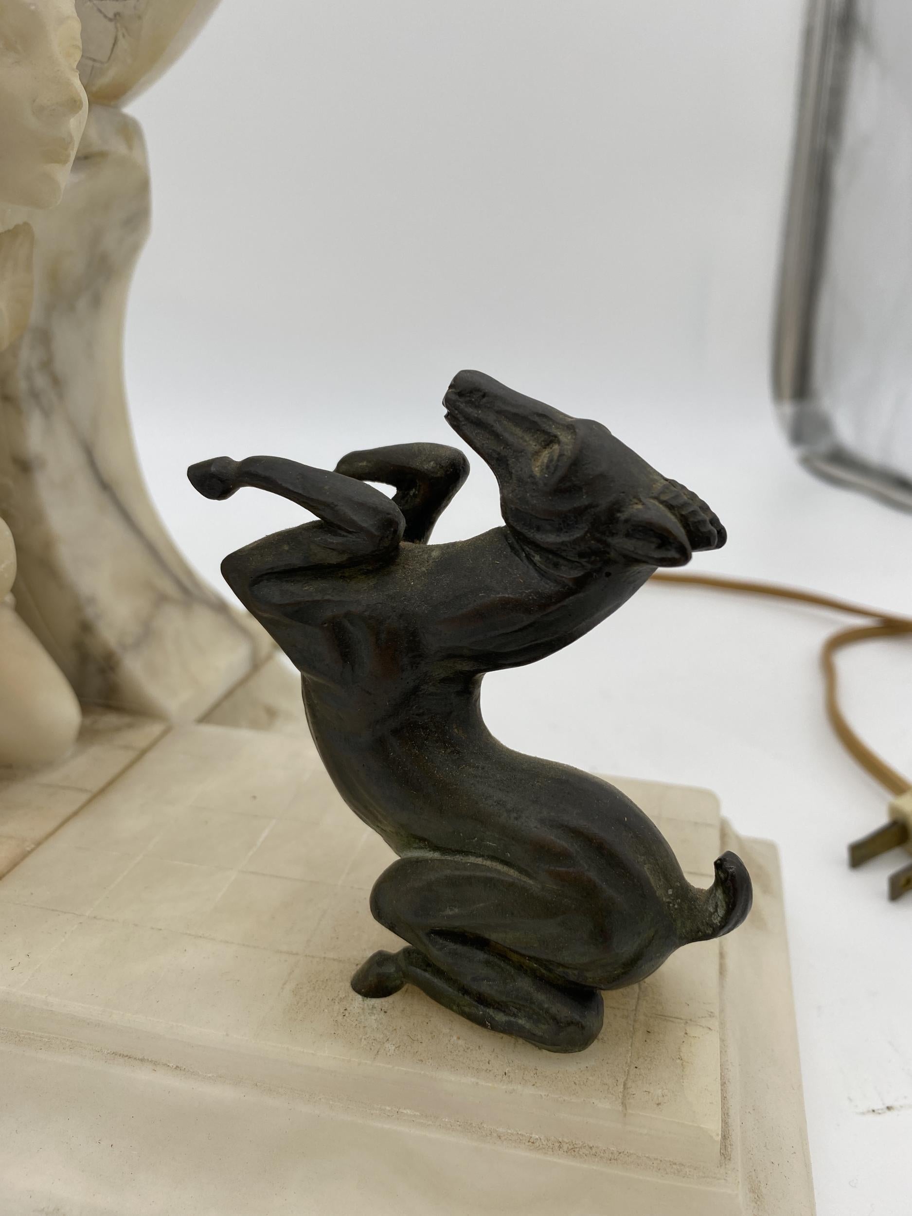 Hand Carved Art Deco Nude Flapper Girl Alabatser Table Lamp w/ Bronze Gazelle 2
