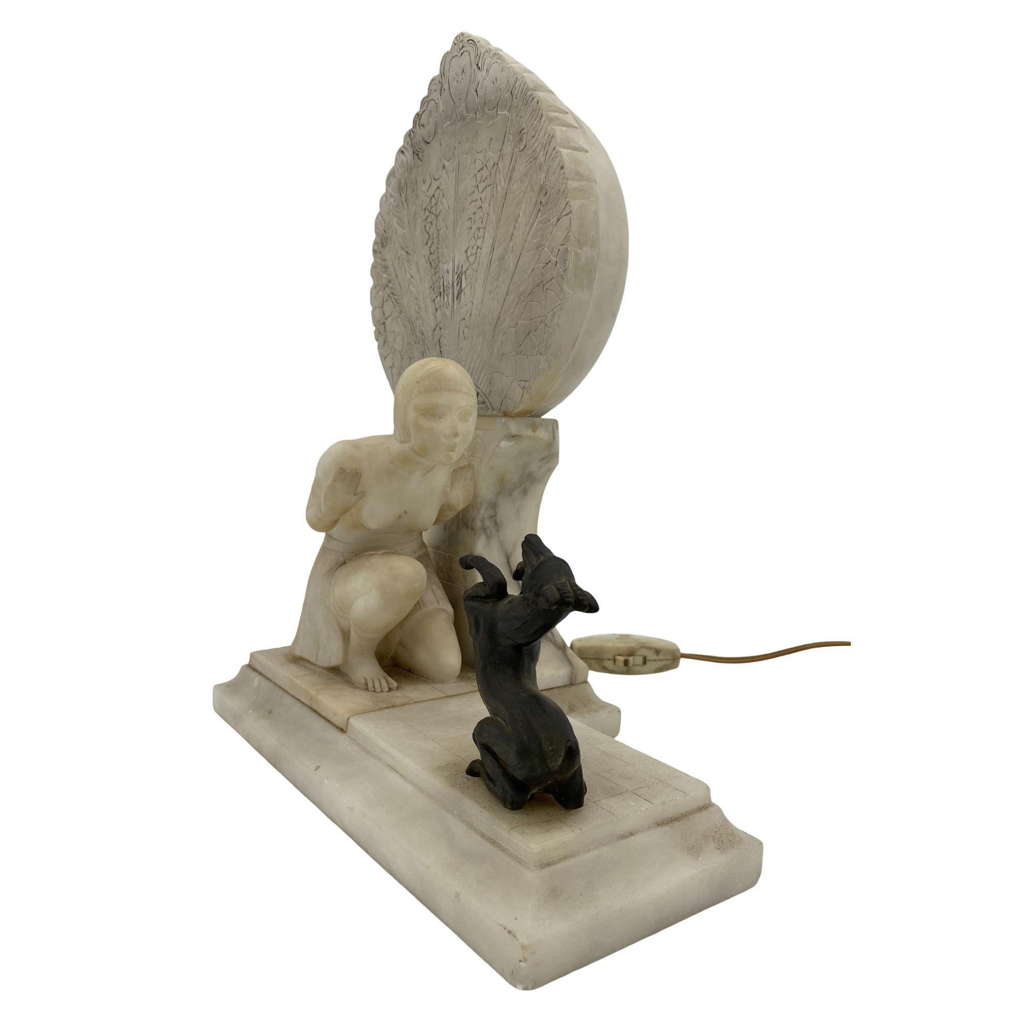 American Hand Carved Art Deco Nude Flapper Girl Alabatser Table Lamp w/ Bronze Gazelle For Sale