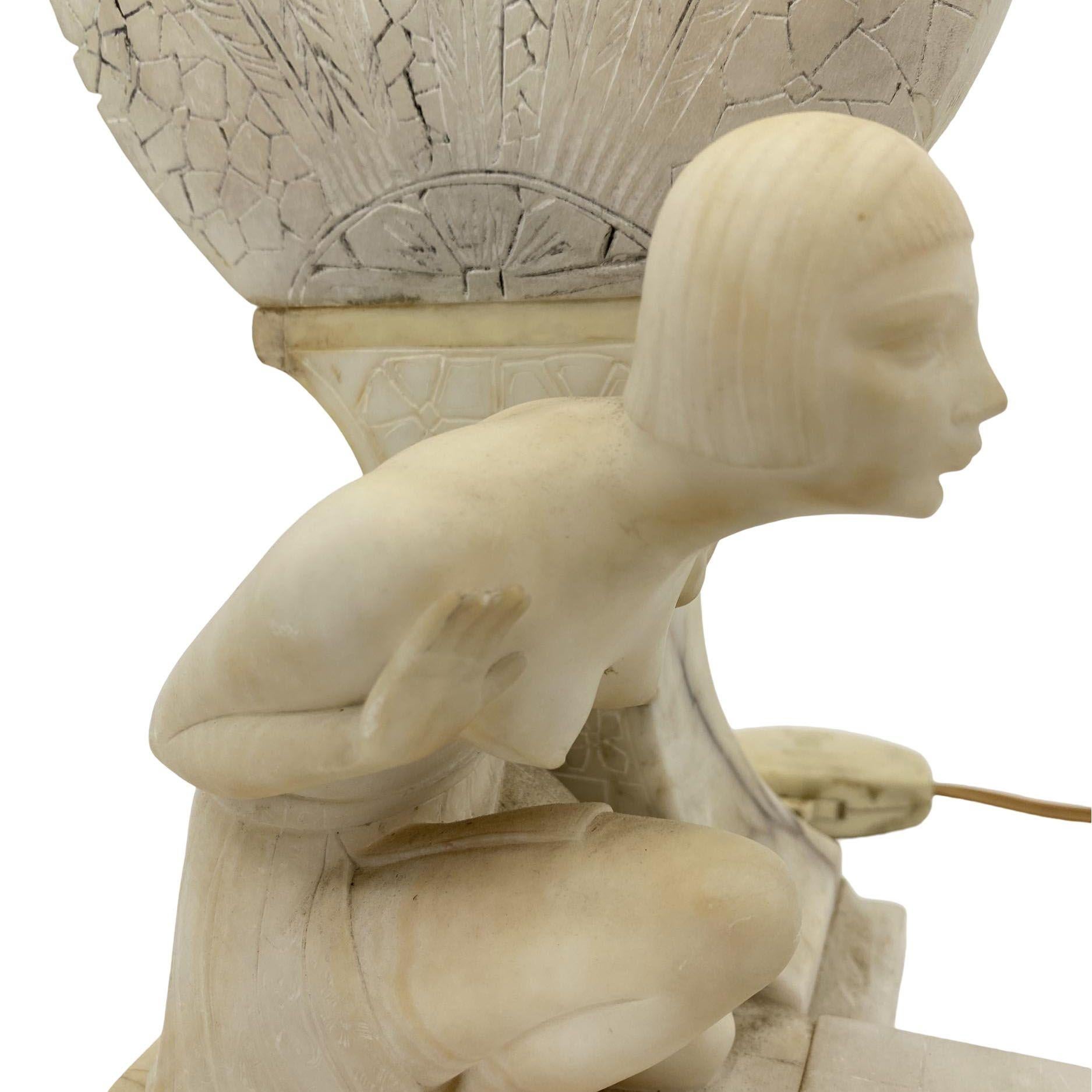 Hand Carved Art Deco Nude Flapper Girl Alabatser Table Lamp w/ Bronze Gazelle For Sale 2