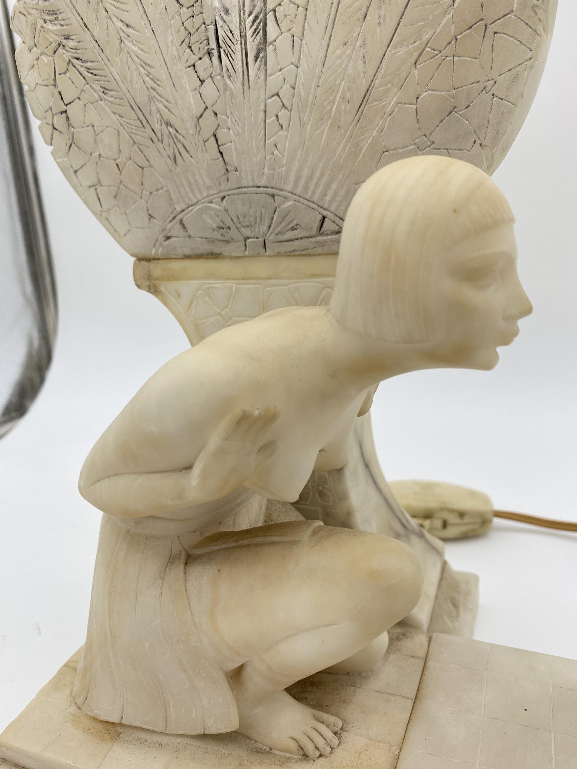 Alabaster Hand Carved Art Deco Nude Flapper Girl Alabatser Table Lamp w/ Bronze Gazelle