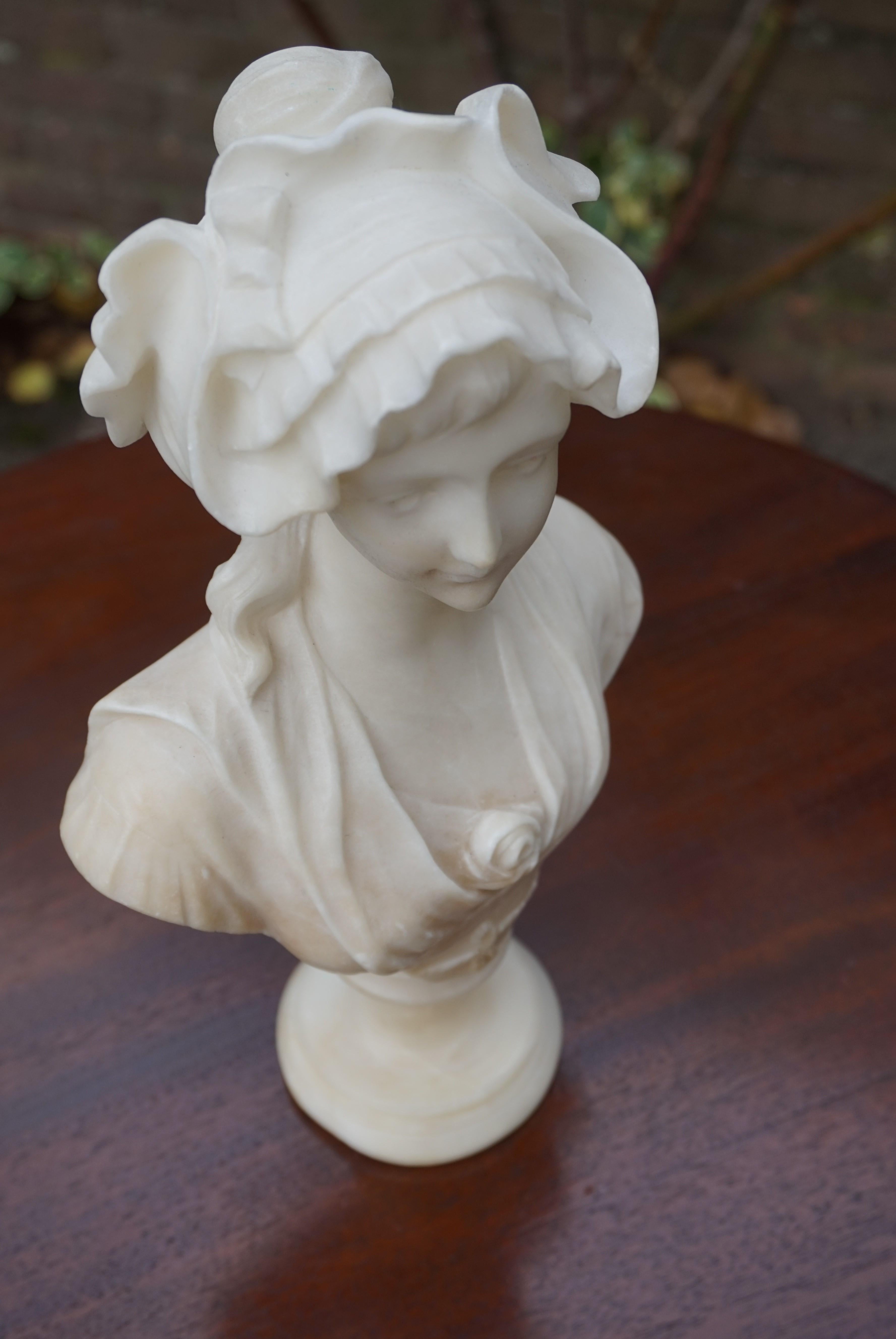 Hand Carved Art Nouveau Alabaster Sculpture of a Striking & Serene Young Lady 4