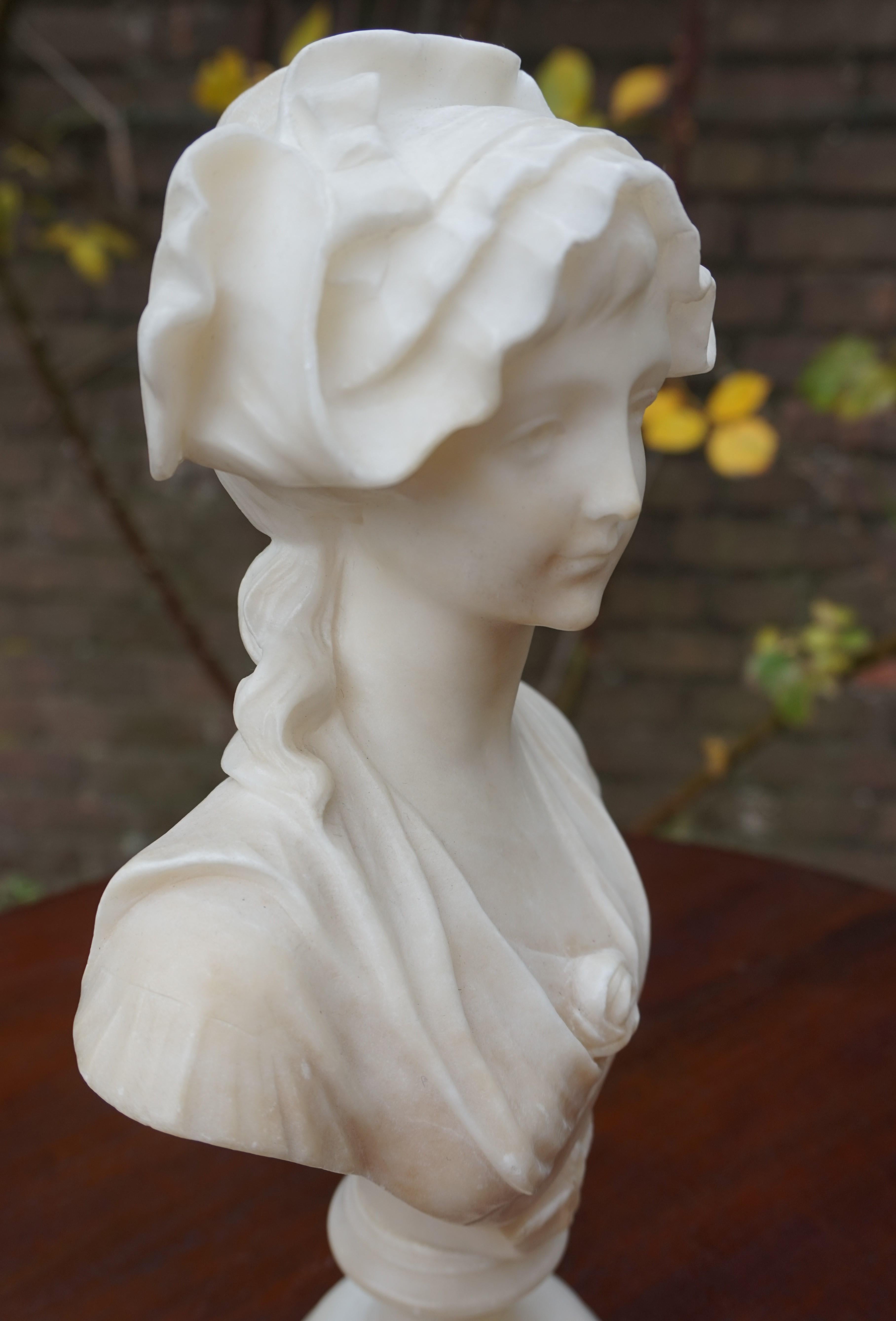 Hand Carved Art Nouveau Alabaster Sculpture of a Striking & Serene Young Lady 5