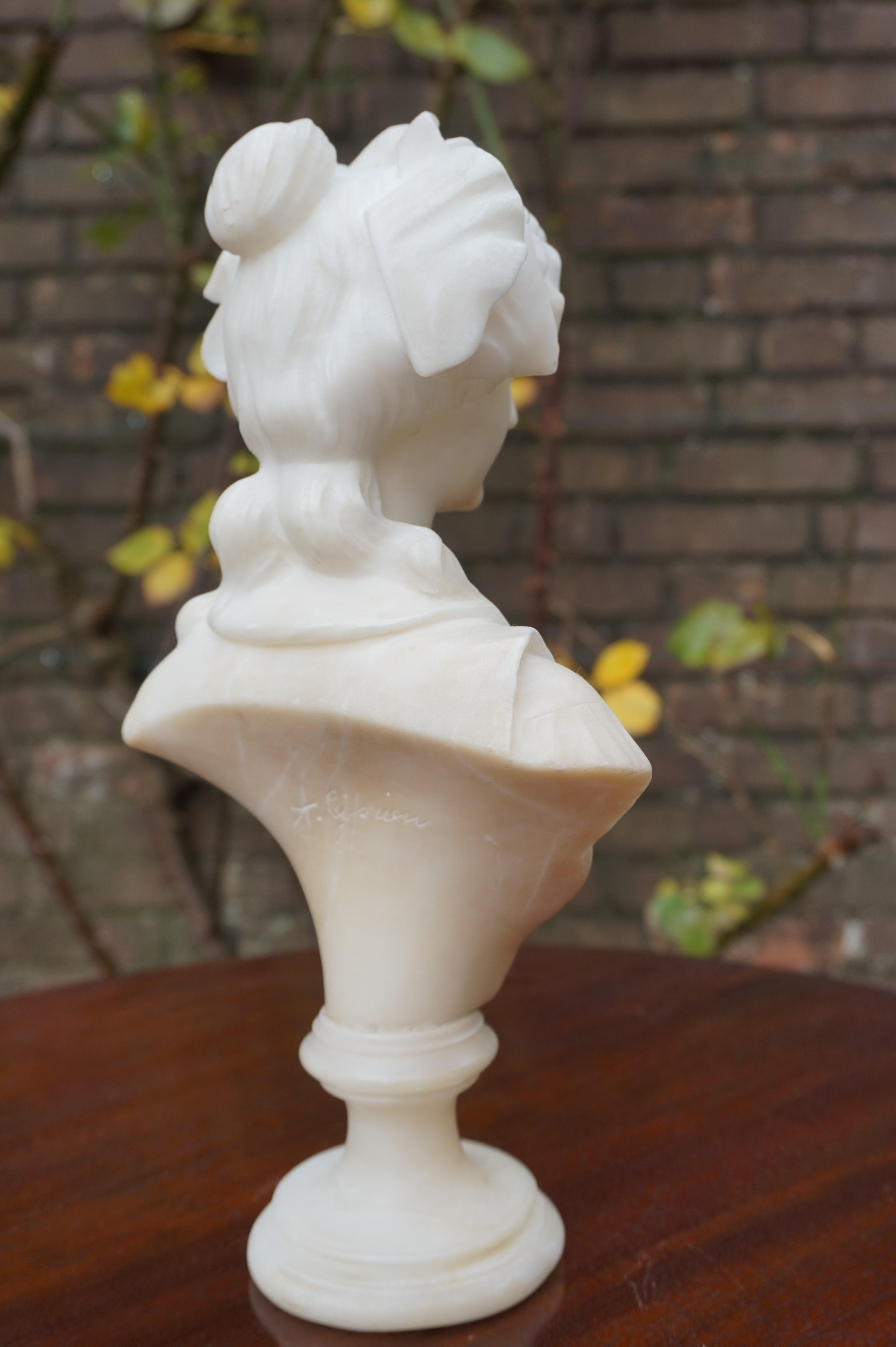 Hand Carved Art Nouveau Alabaster Sculpture of a Striking & Serene Young Lady 6