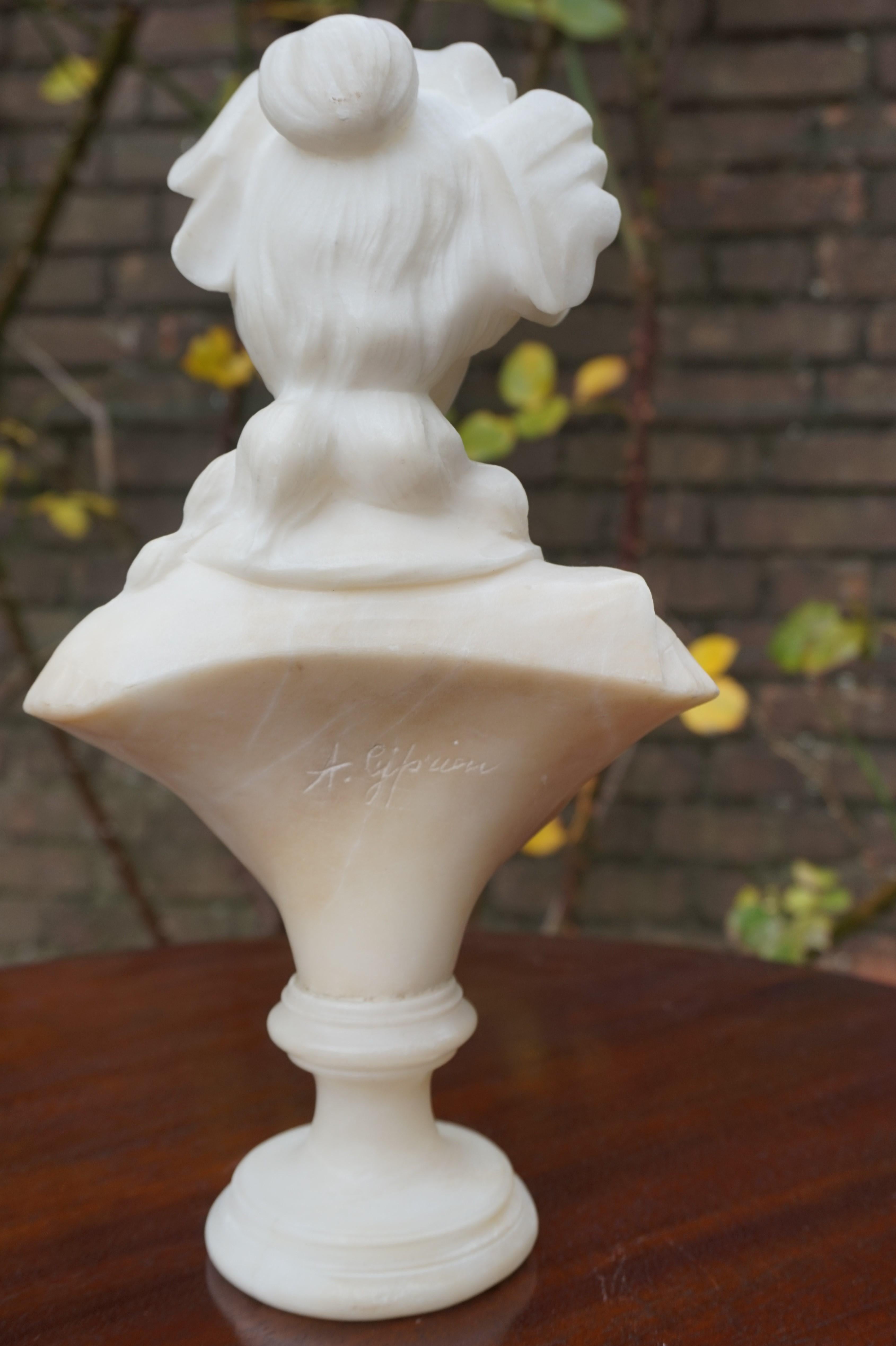 Hand Carved Art Nouveau Alabaster Sculpture of a Striking & Serene Young Lady 7