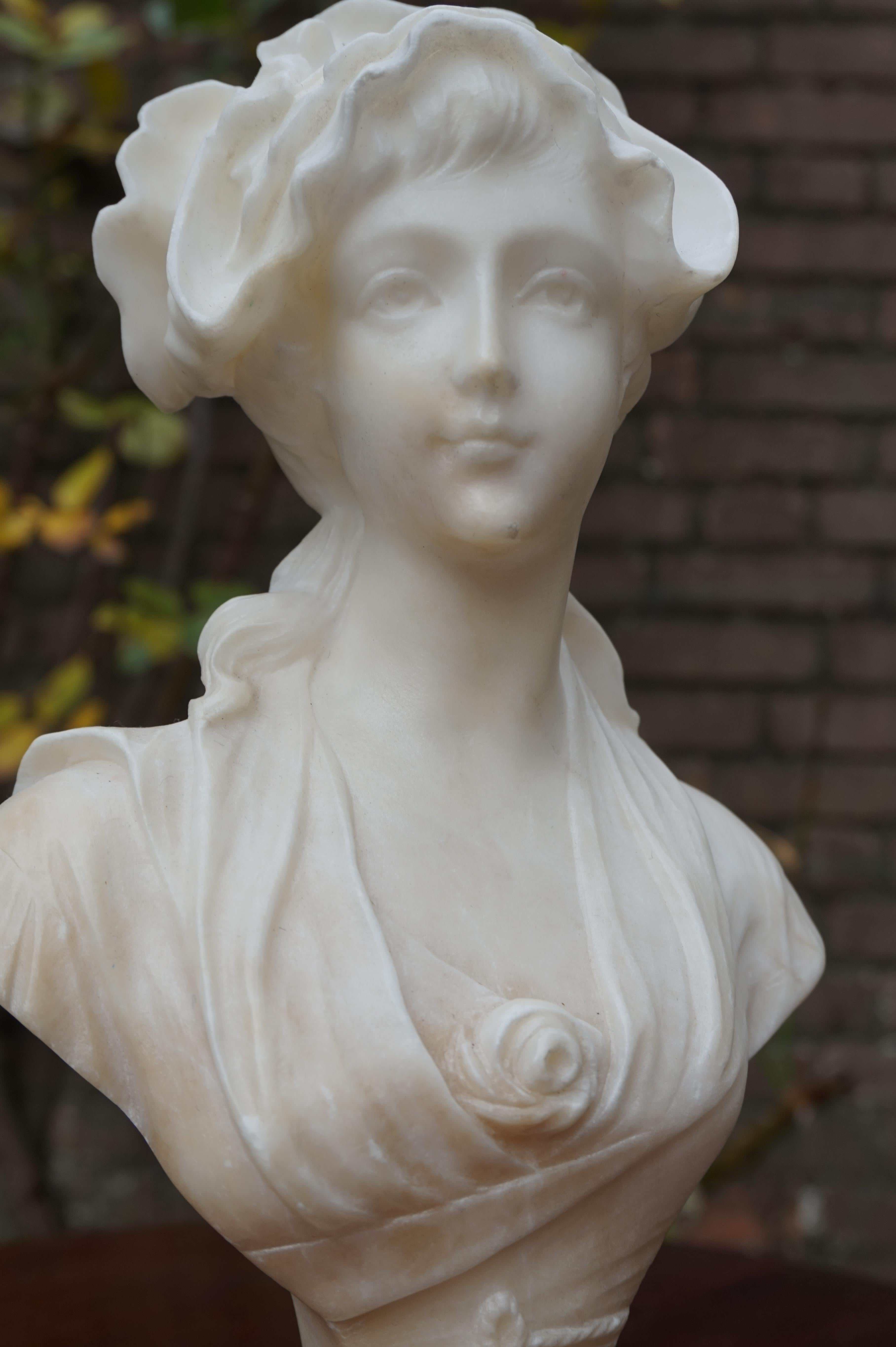 Hand Carved Art Nouveau Alabaster Sculpture of a Striking & Serene Young Lady 9