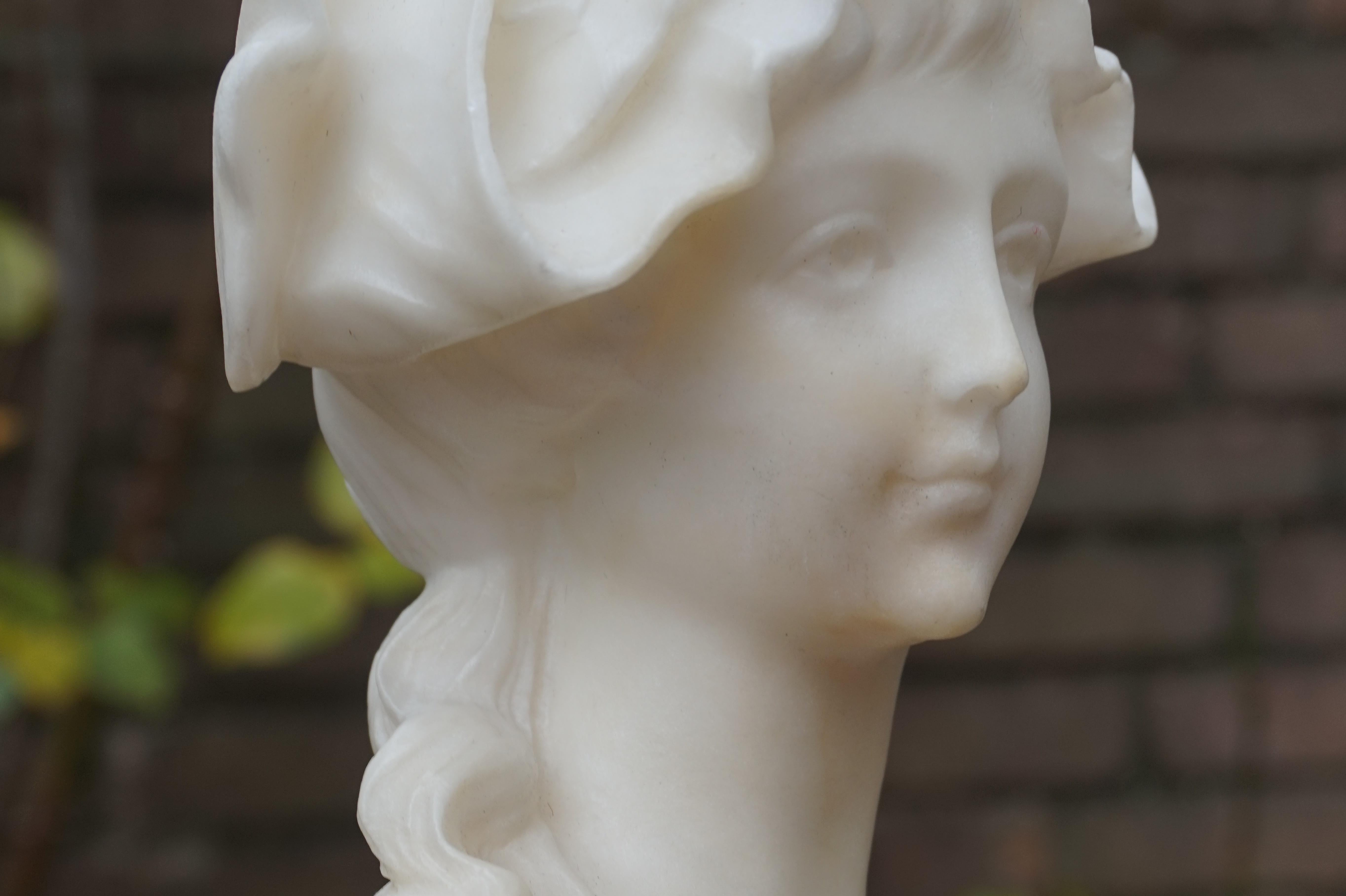 European Hand Carved Art Nouveau Alabaster Sculpture of a Striking & Serene Young Lady