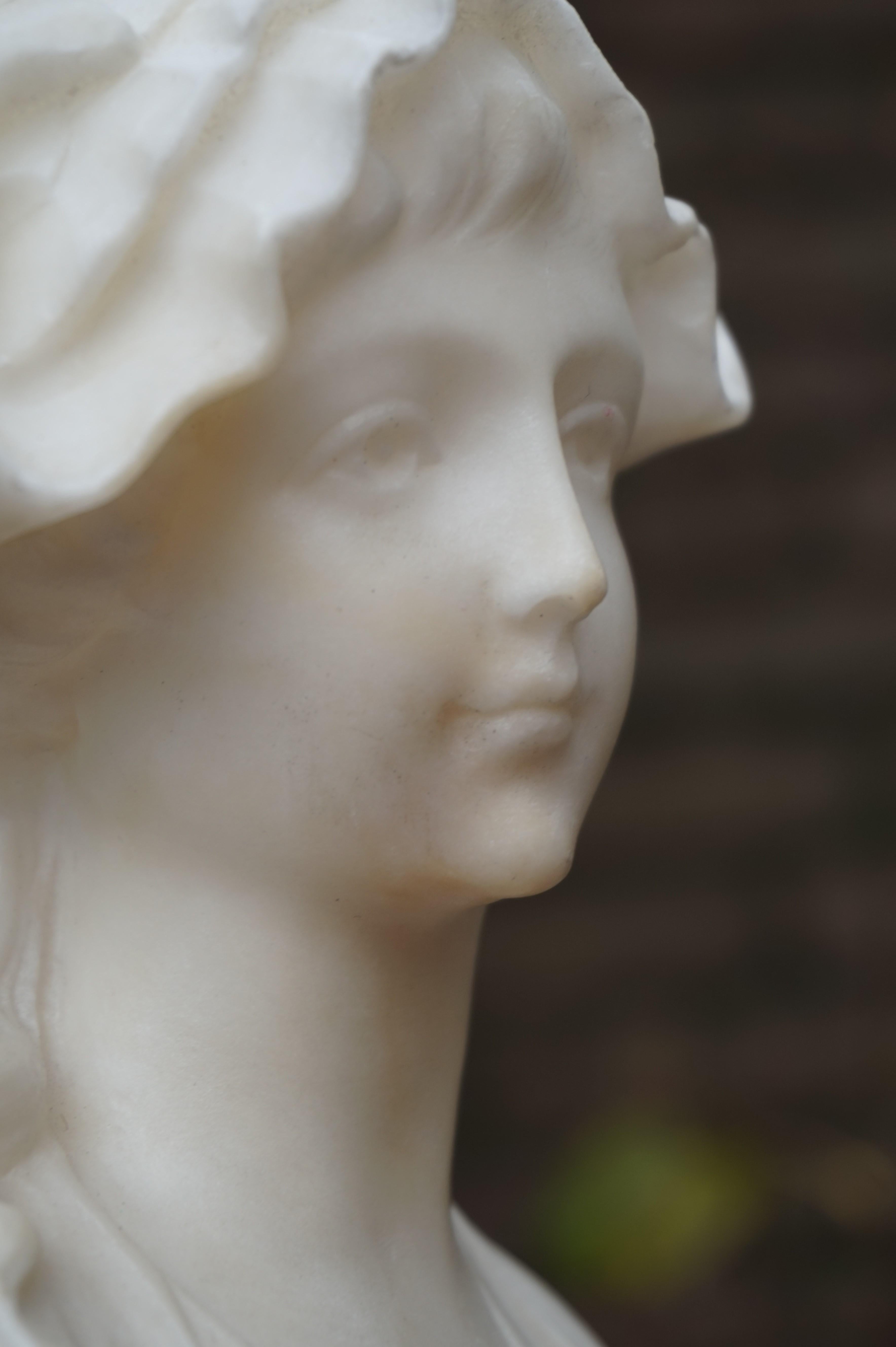 Hand-Carved Hand Carved Art Nouveau Alabaster Sculpture of a Striking & Serene Young Lady