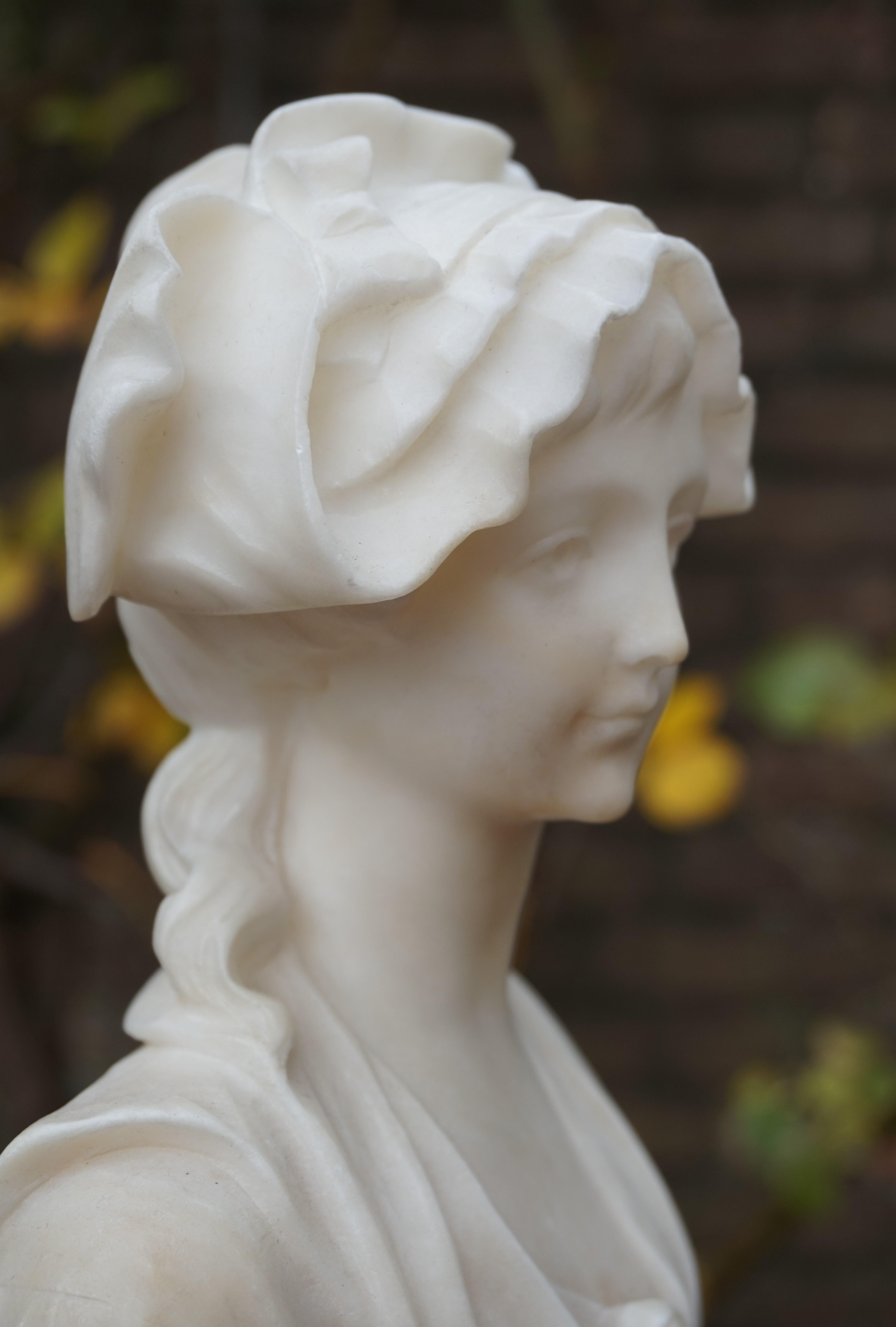 Hand Carved Art Nouveau Alabaster Sculpture of a Striking & Serene Young Lady In Good Condition In Lisse, NL