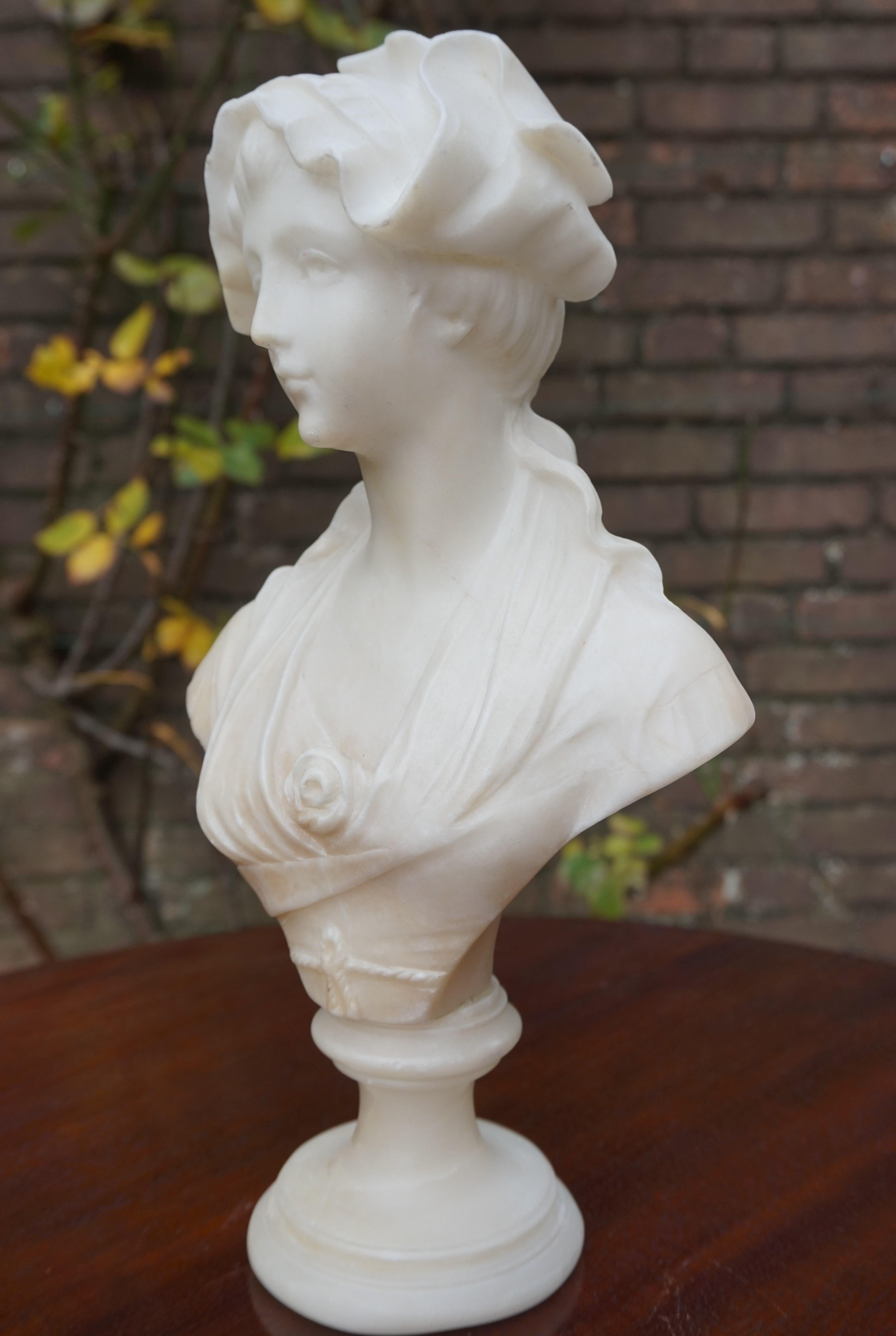 20th Century Hand Carved Art Nouveau Alabaster Sculpture of a Striking & Serene Young Lady