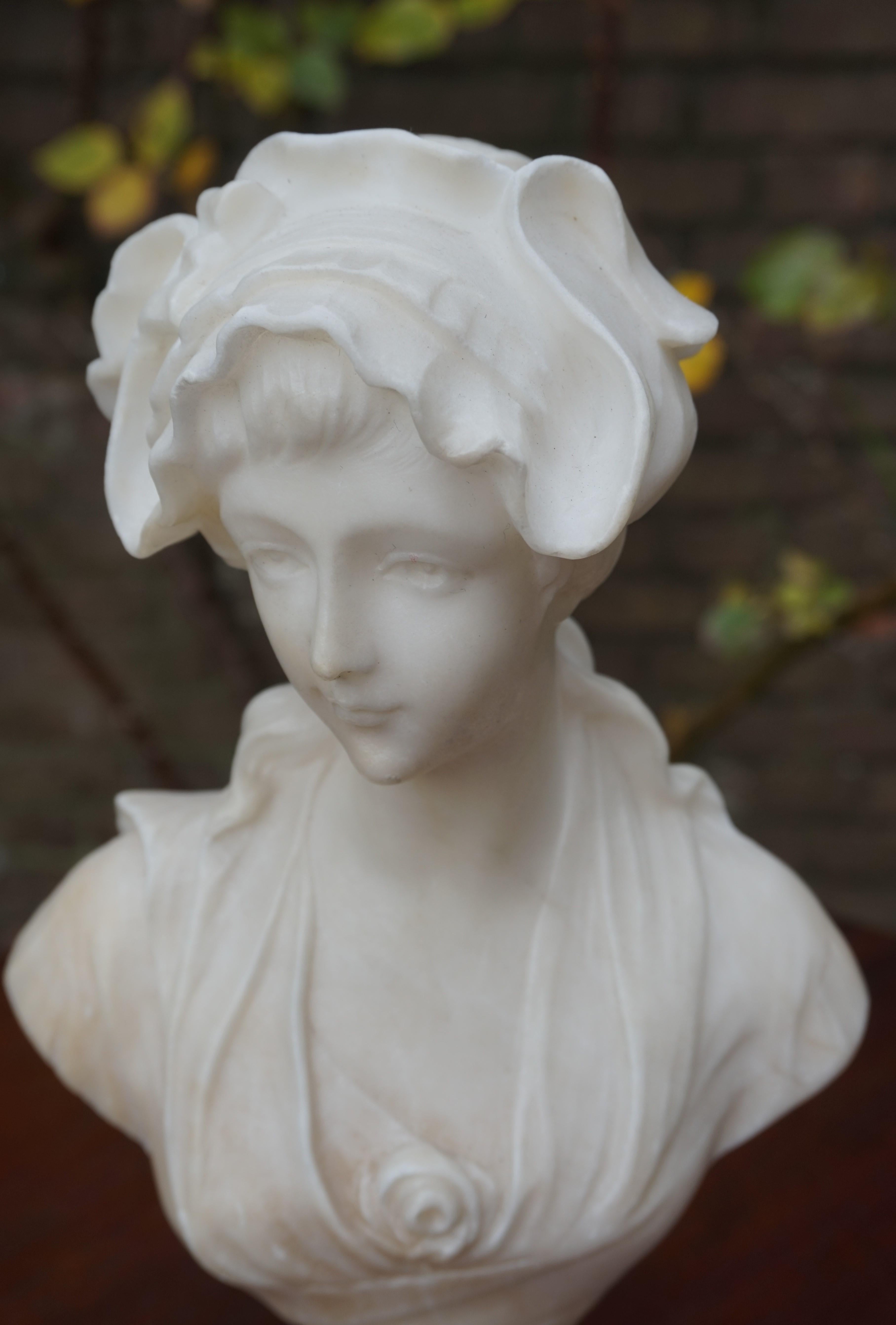 Hand Carved Art Nouveau Alabaster Sculpture of a Striking & Serene Young Lady 1