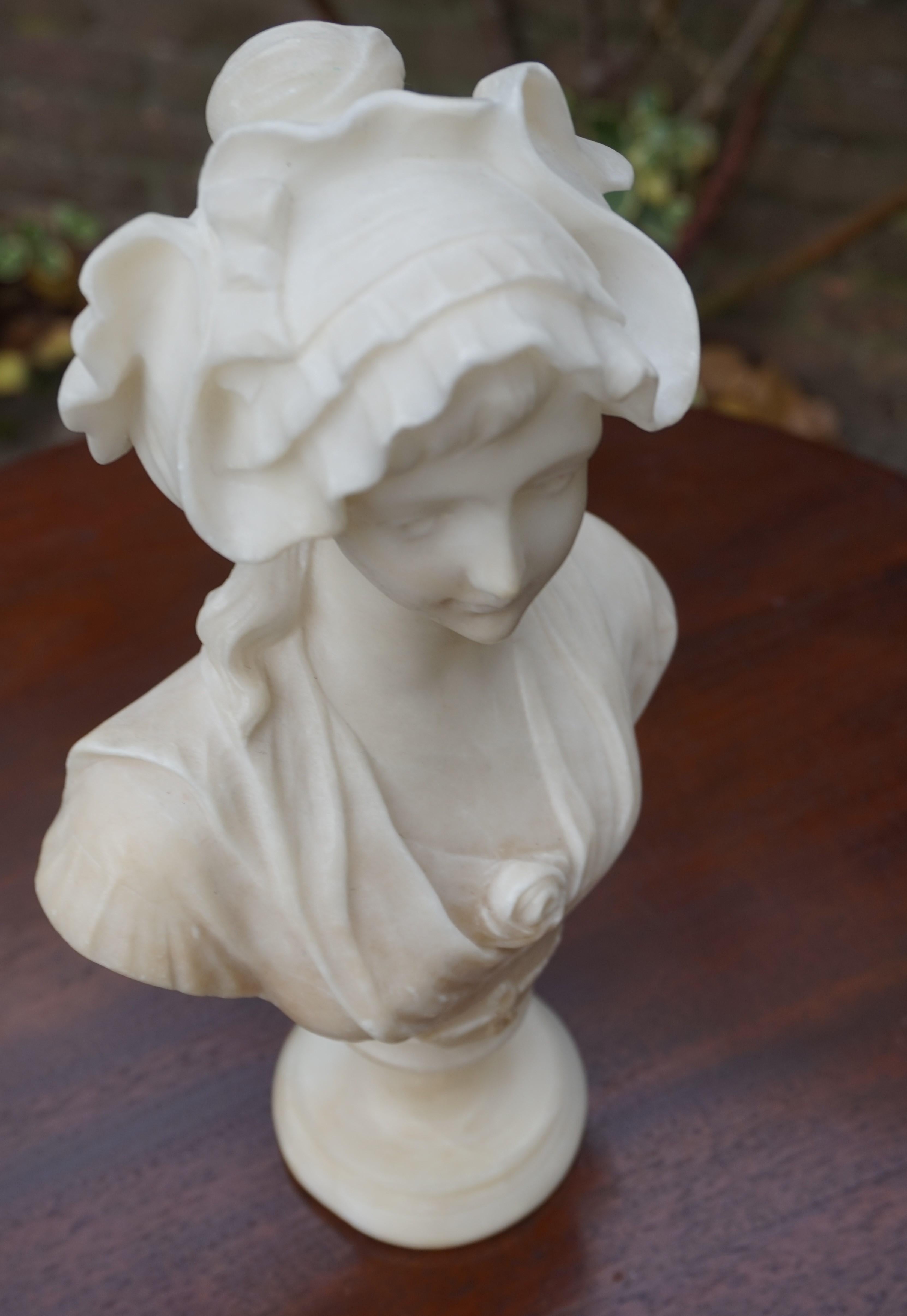 Hand Carved Art Nouveau Alabaster Sculpture of a Striking & Serene Young Lady 2