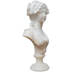 Hand Carved Art Nouveau Alabaster Sculpture of a Striking & Serene Young Lady