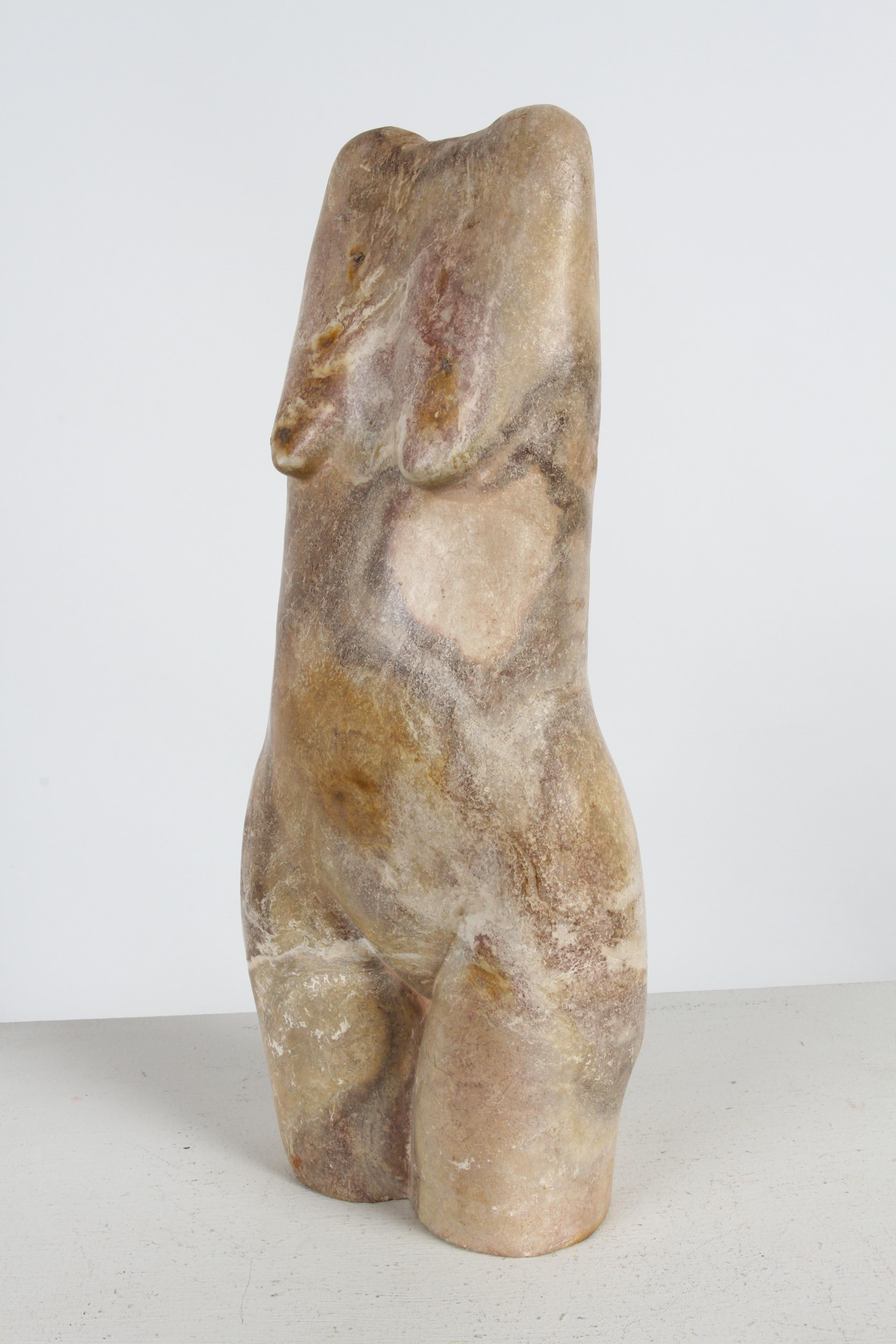 Hand Carved Artisan Modernist Female Nude Torso Sculpture in Lebanon Marble For Sale 3