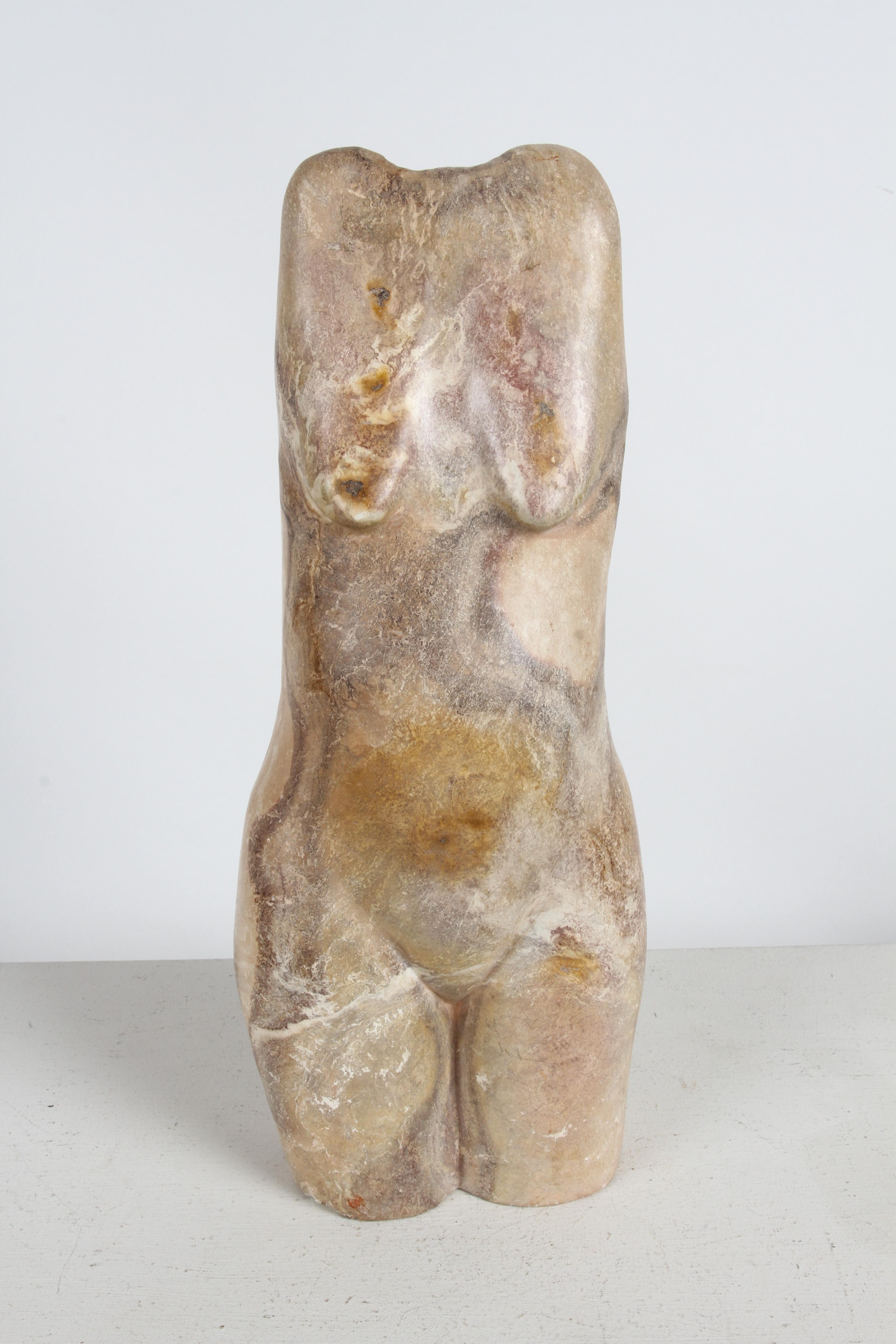 1980s hand-carved by unknown artisan of a modernist form female nude torso sculpture made of Lebanon marble. Something written Indiscriminately on underside and possible date of 1984. 

In the style of Massimo Villani Sculptor .

Massimo Villani was