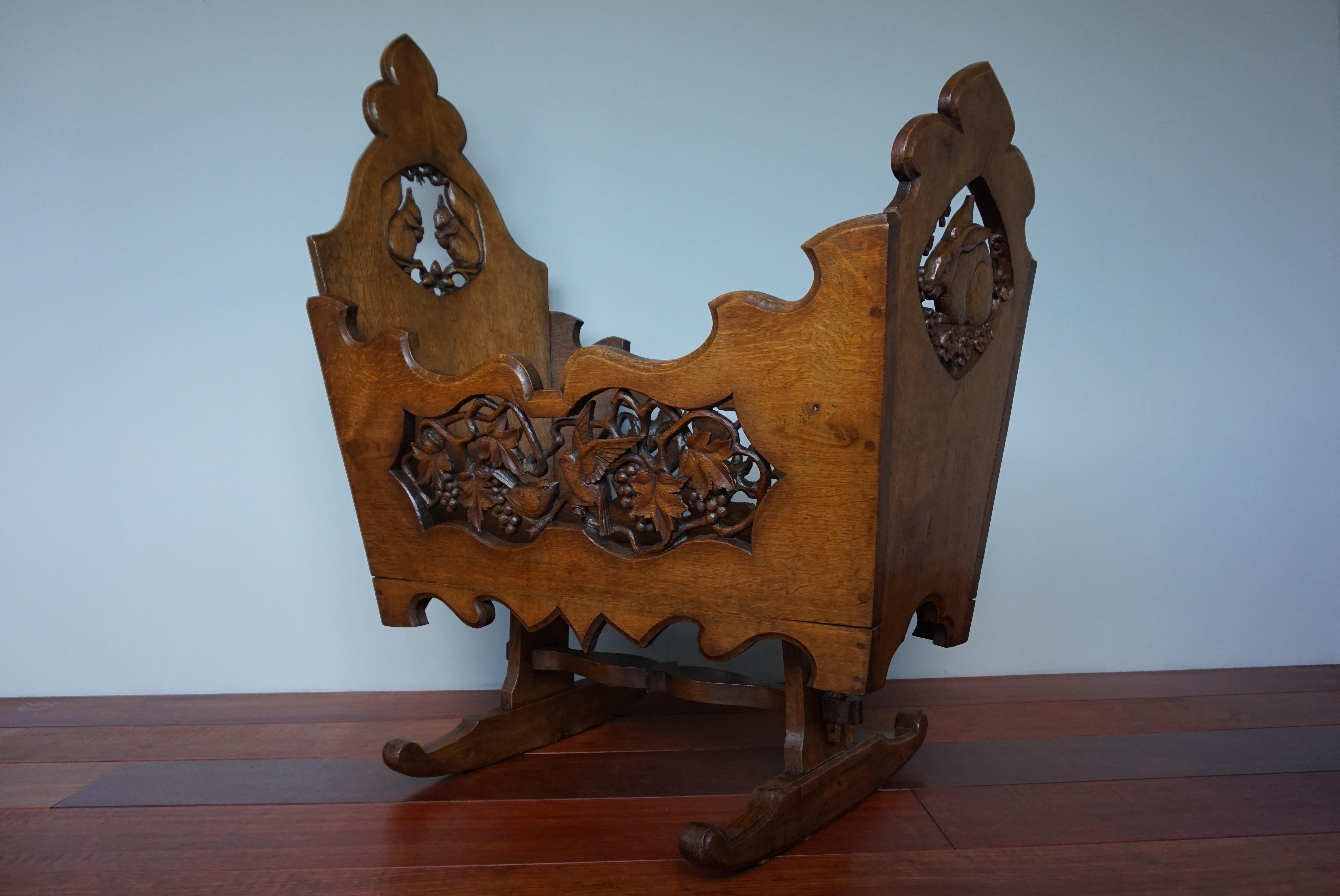 19th Century Hand Carved Arts & Crafts Baby or Doll Bed / Crib with Squirrel Rabbit & Sparrow For Sale