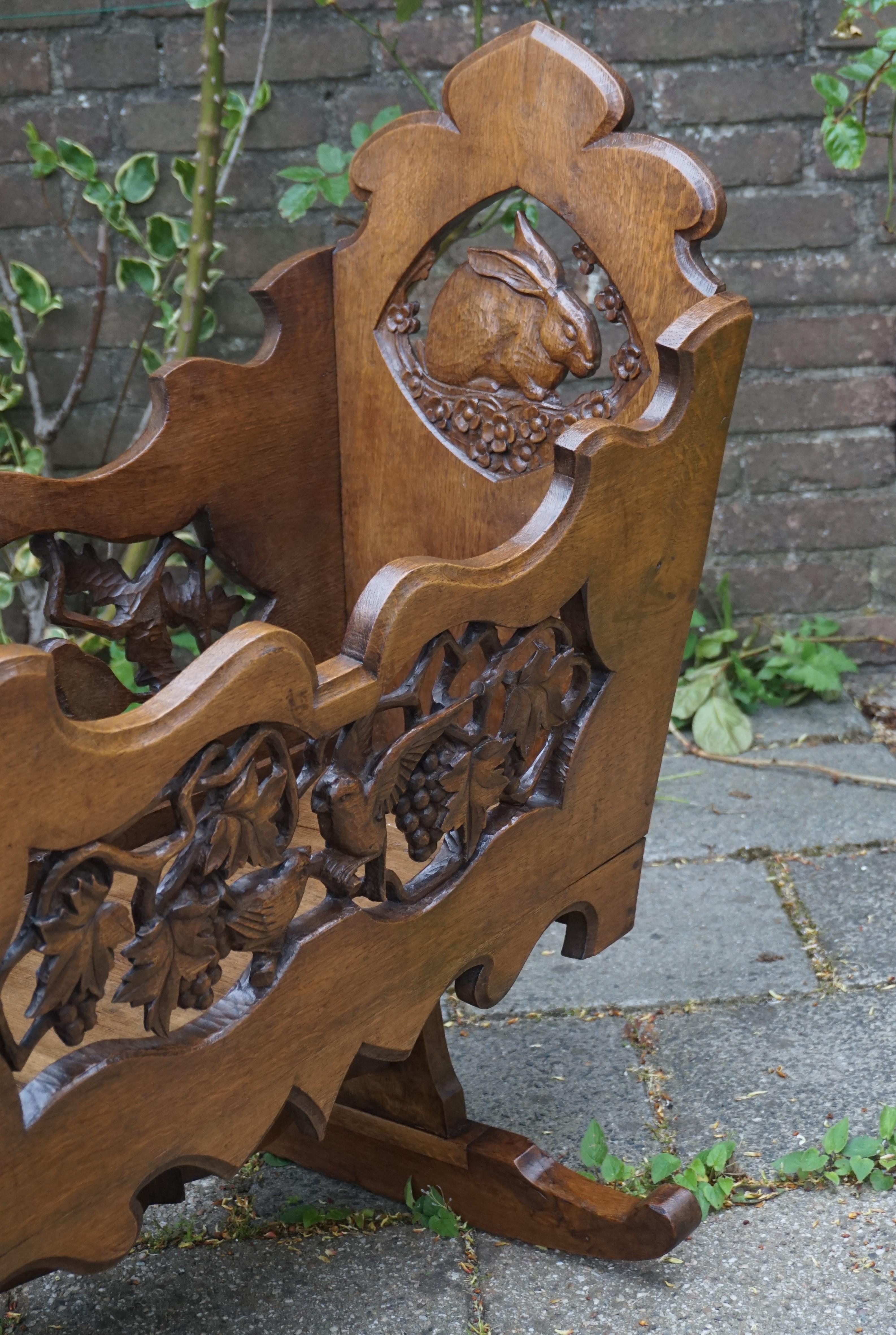 Hand Carved Arts & Crafts Baby or Doll Bed / Crib with Squirrel Rabbit & Sparrow For Sale 2
