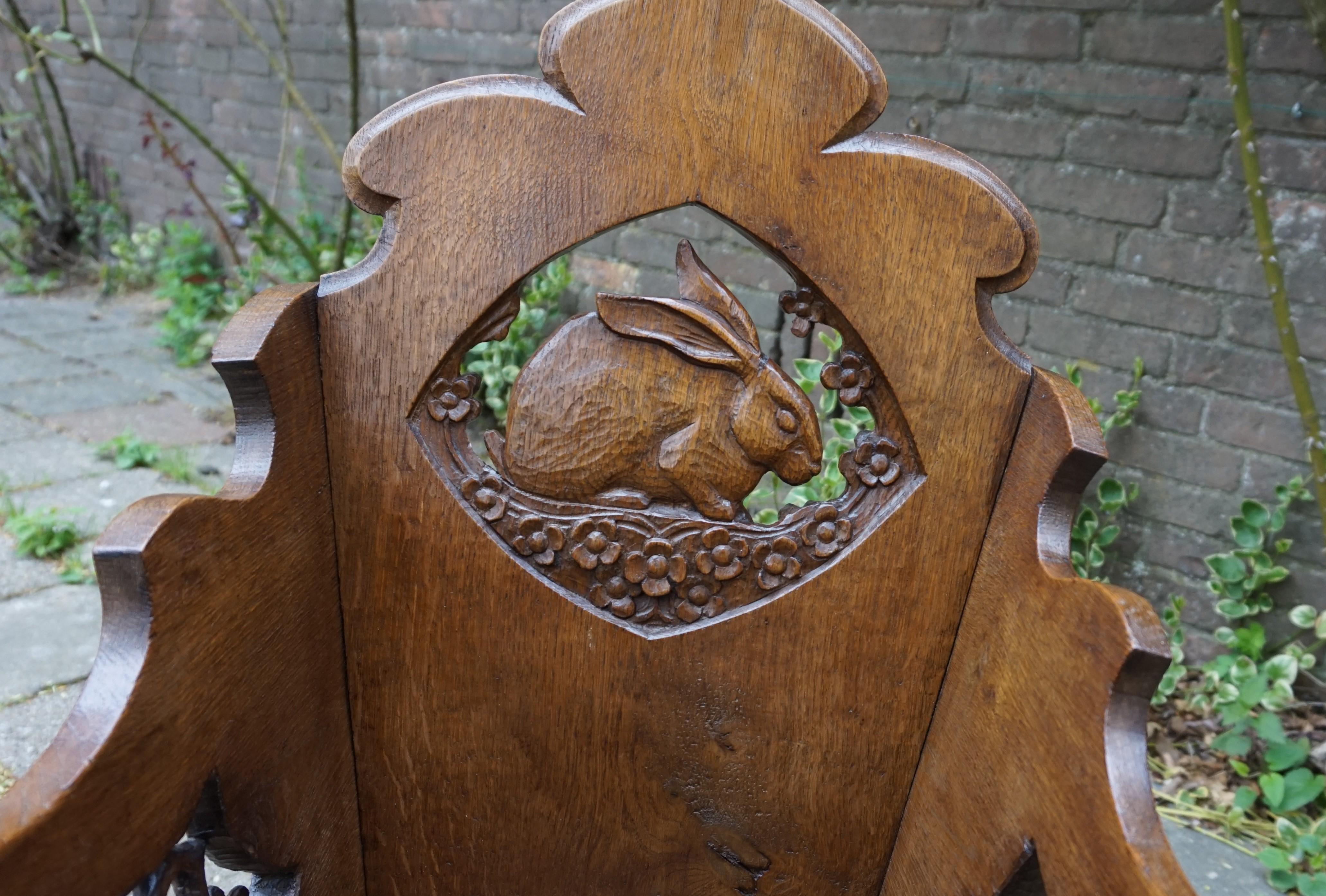Hand Carved Arts & Crafts Baby or Doll Bed / Crib with Squirrel Rabbit & Sparrow For Sale 3