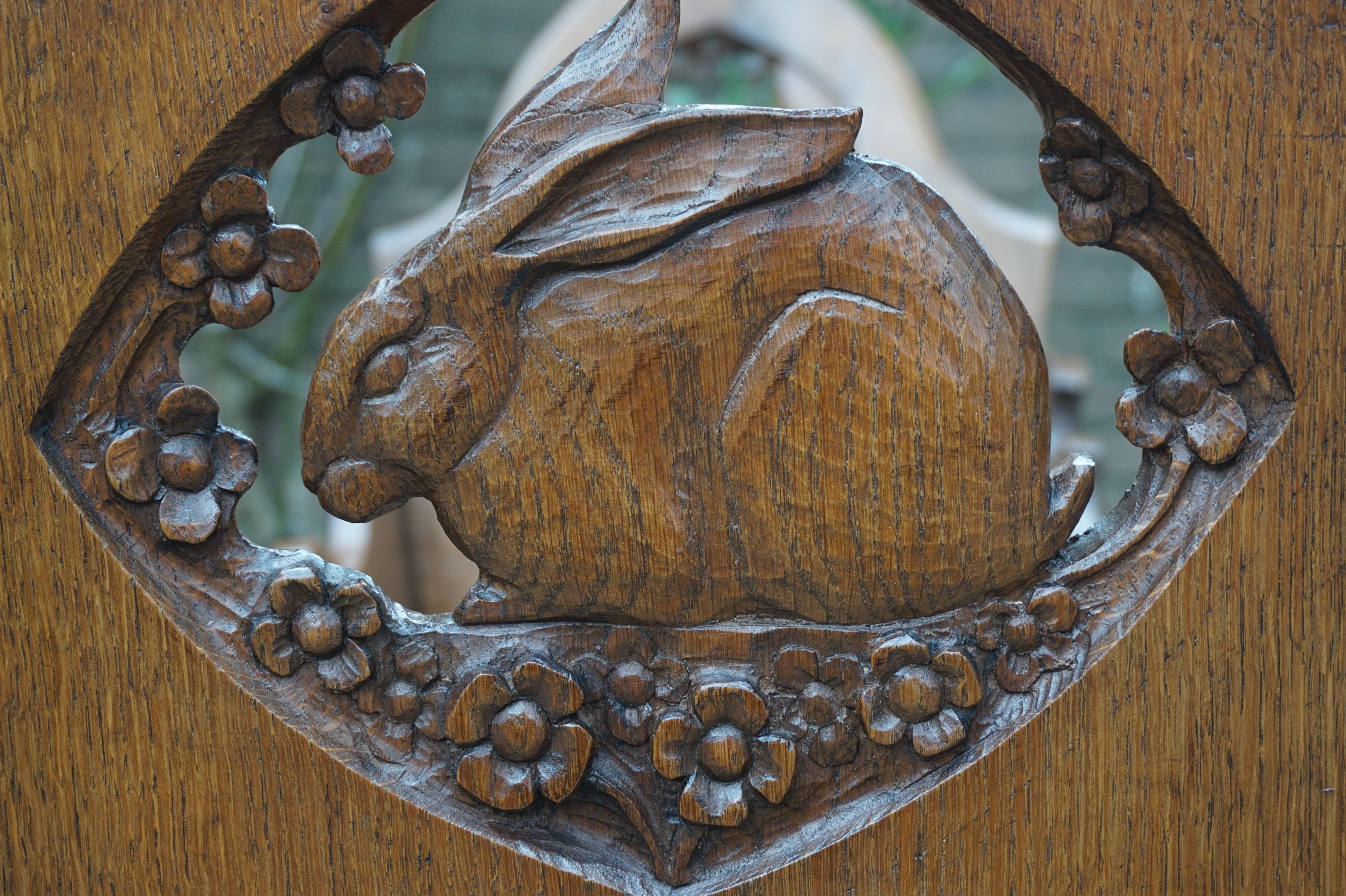 Hand Carved Arts & Crafts Baby or Doll Bed / Crib with Squirrel Rabbit & Sparrow For Sale 4