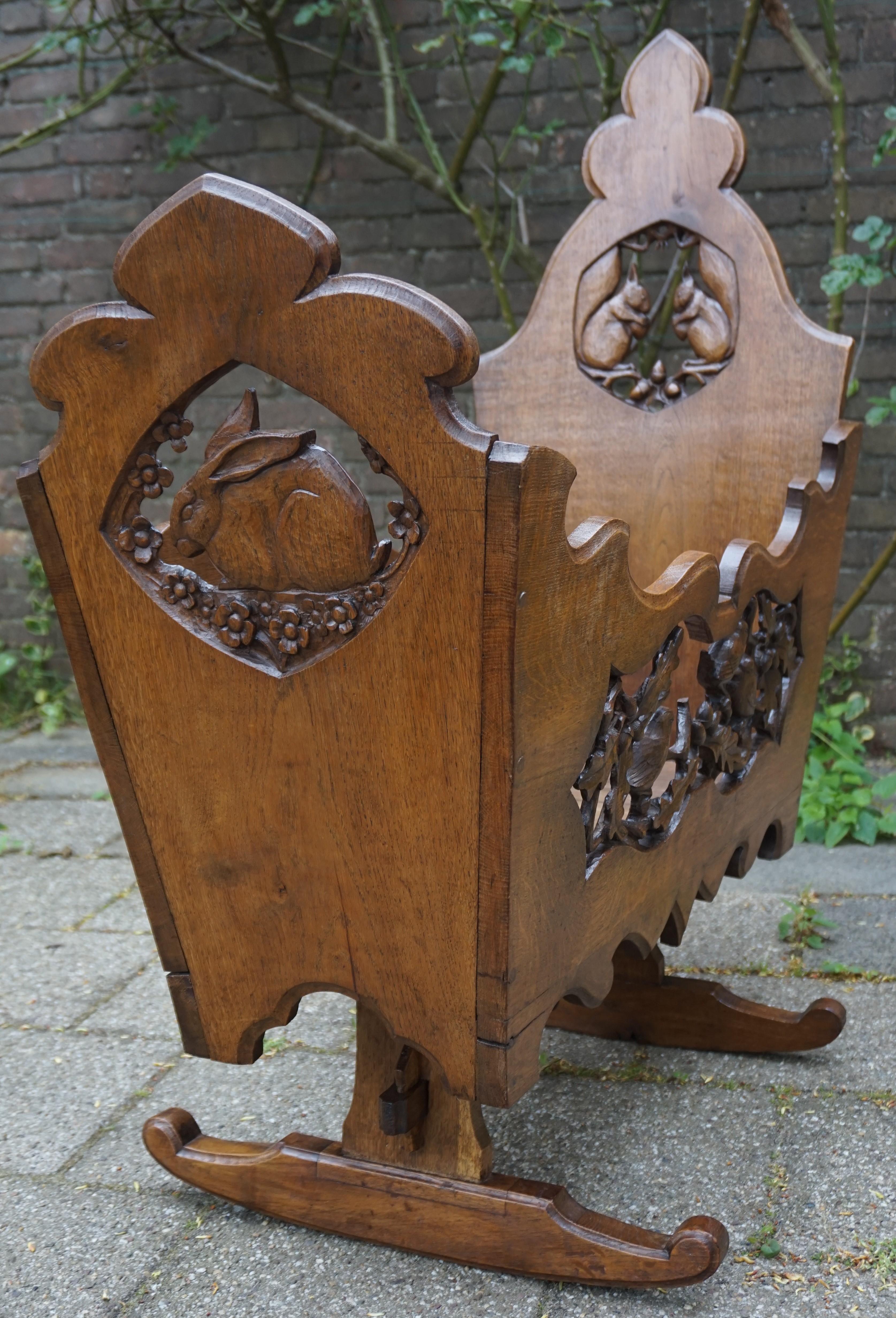 Hand Carved Arts & Crafts Baby or Doll Bed / Crib with Squirrel Rabbit & Sparrow For Sale 6