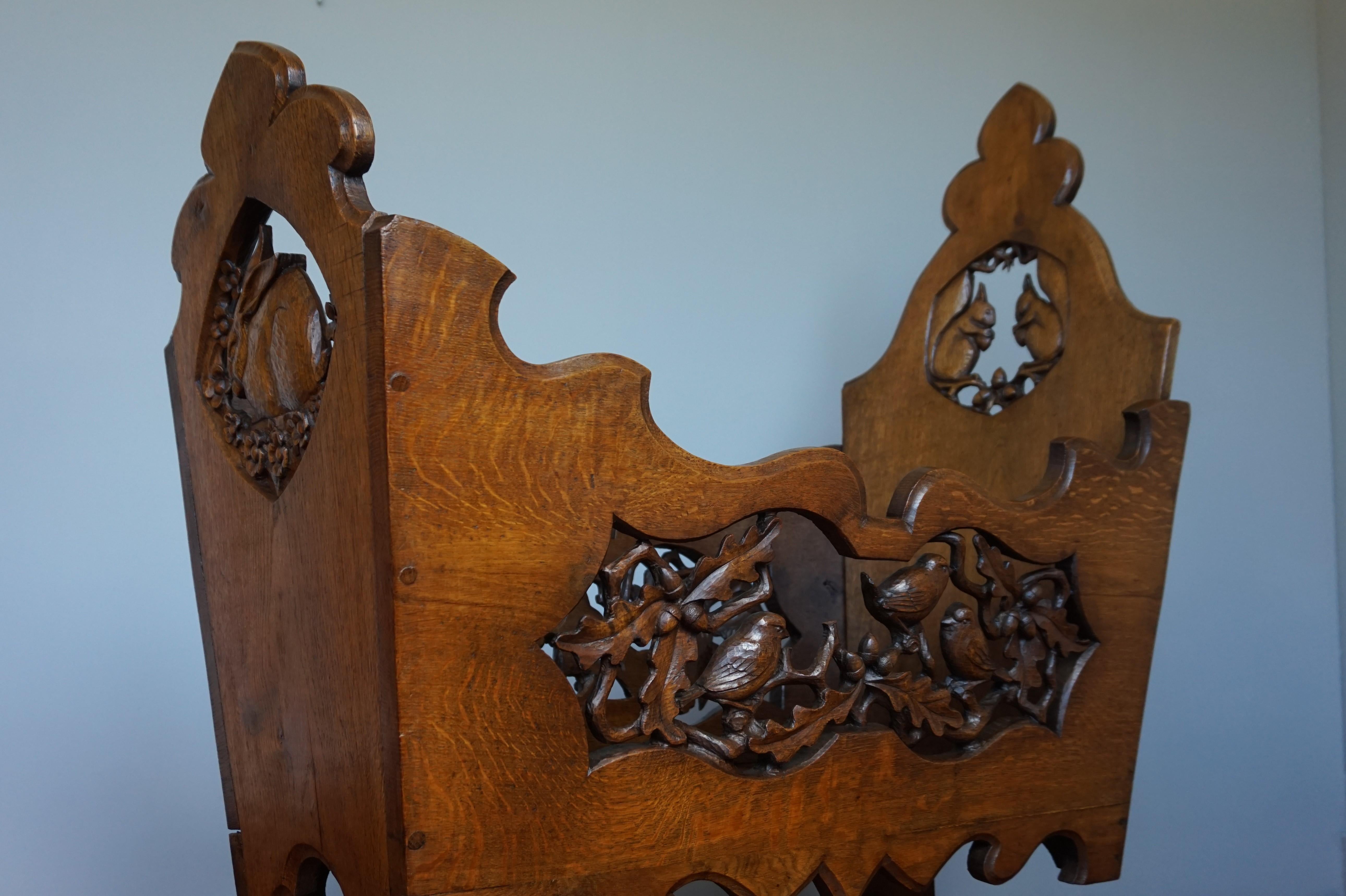 Hand Carved Arts & Crafts Baby or Doll Bed / Crib with Squirrel Rabbit & Sparrow For Sale 7